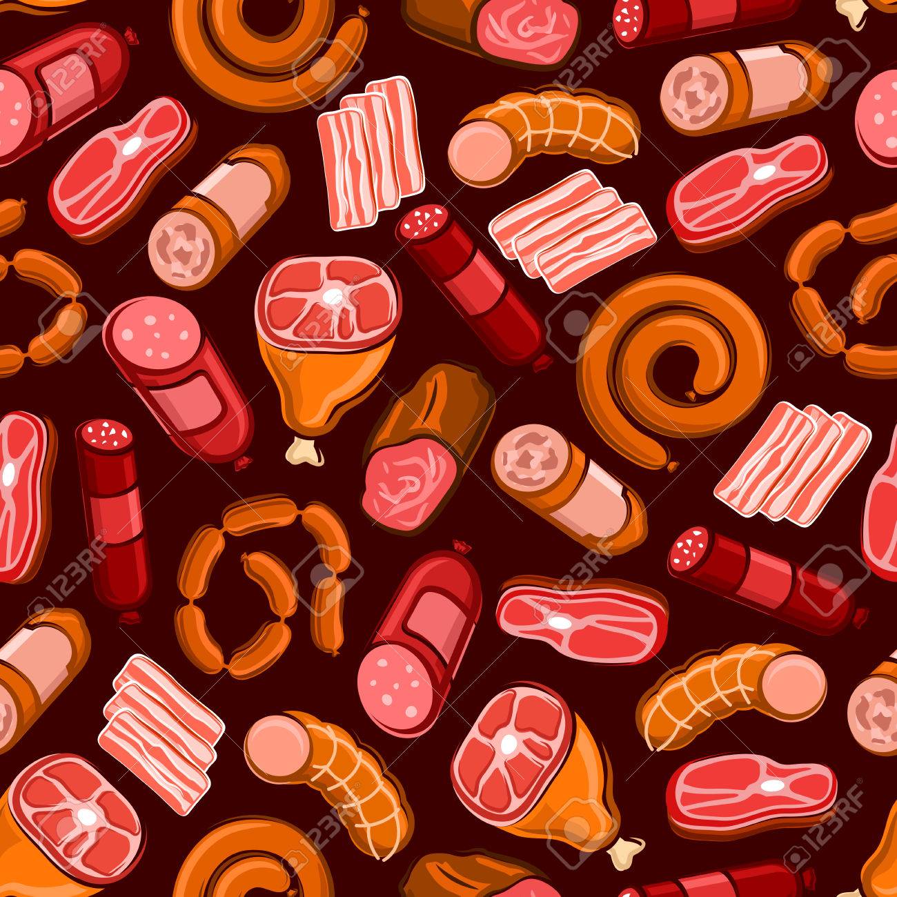 魚肉ソーセージ ハム ベーコン ステーキ サラミ チョリソ 焼かれた豚肉のシームレスなパターン バーベキューやグリル メニュー デザイン のイラスト素材 ベクタ Image