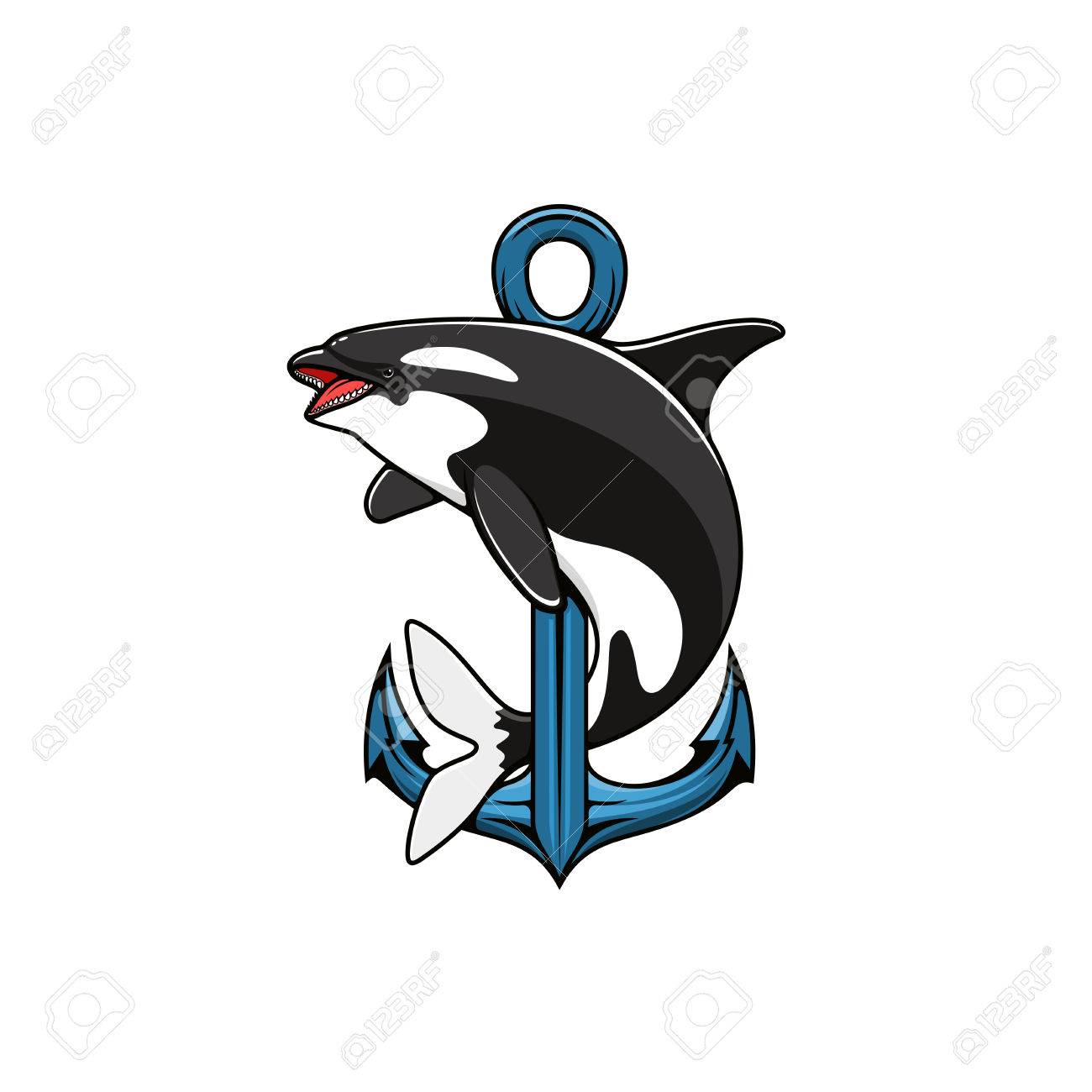 シャチとアンカーのアイコン 紋章 テンプレート T シャツ サインのベクトル航海シールドのイラスト素材 ベクタ Image