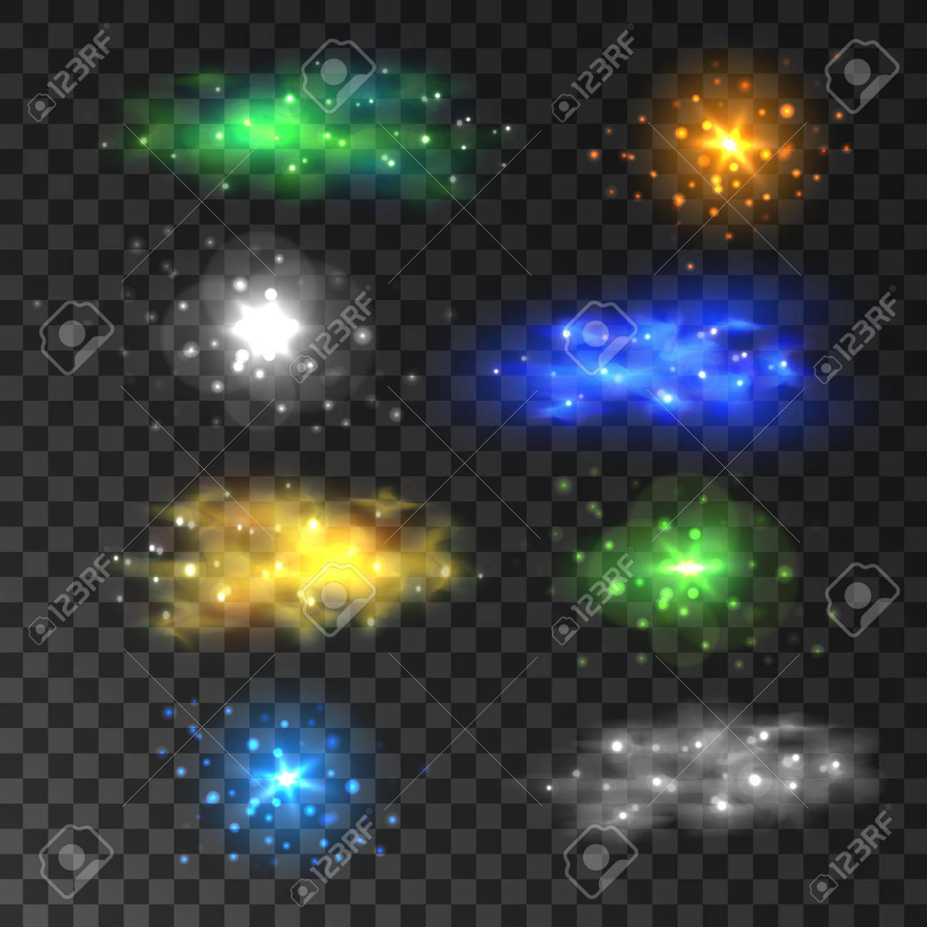 きらびやかな光の粒子 きらめく花火の光 透明な背景の上で青 白 金色 緑のレンズ フレア キラキラ輝きのイラスト素材 ベクタ Image