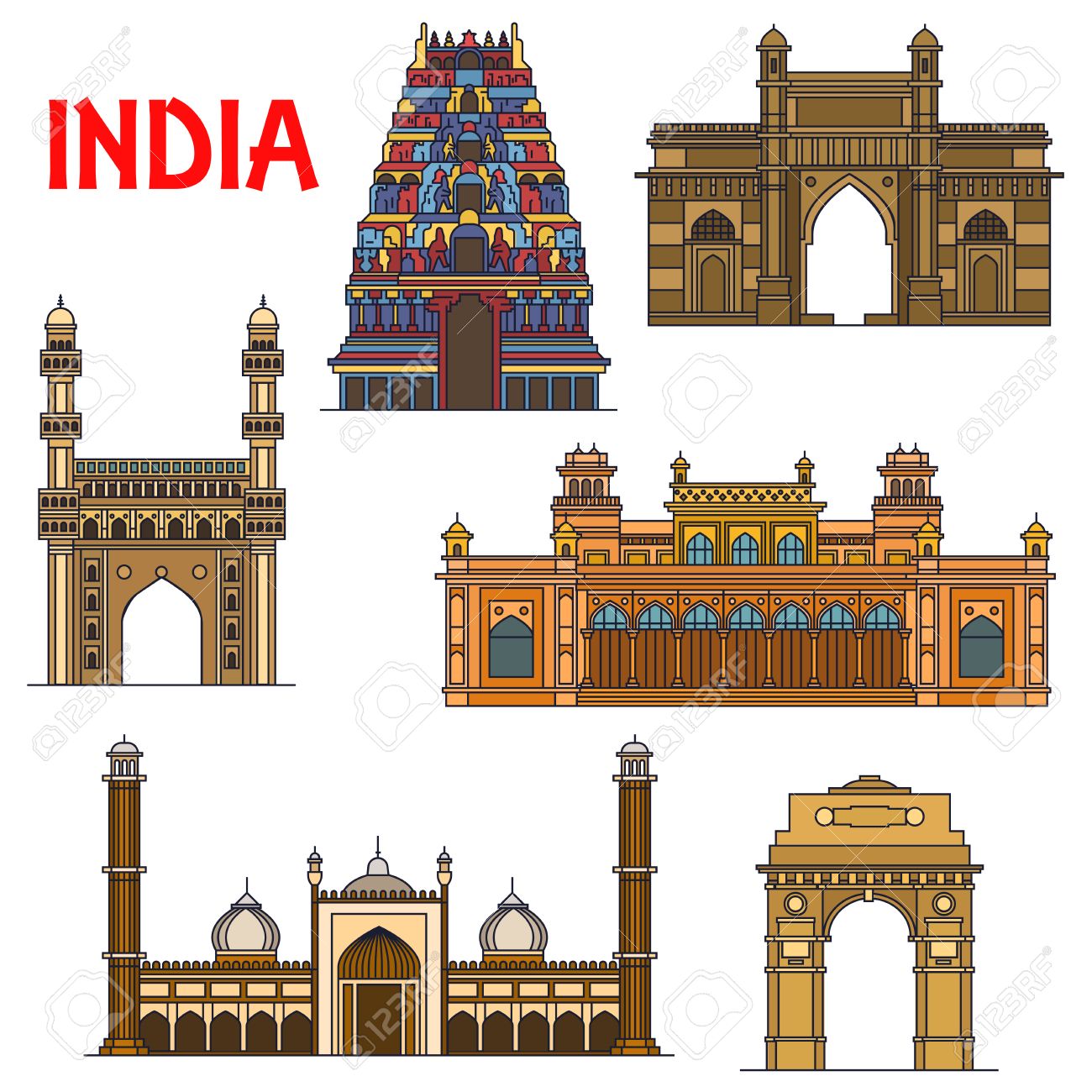 Travel landmarks of indian architecture icon with thin line India Gate, hindu Meenakshi Amman Temple, Gateway of India, islamic mosque Jama Masjid, mosque Charminar, royal palace Chowmahalla - 62639032 Travel landmarks of indian architecture icon with thin line India Gate, hindu Meenakshi Amman Temple, Gateway of India, islamic mosque Jama Masjid, mosque Charminar, royal palace Chowmahalla - 62639032