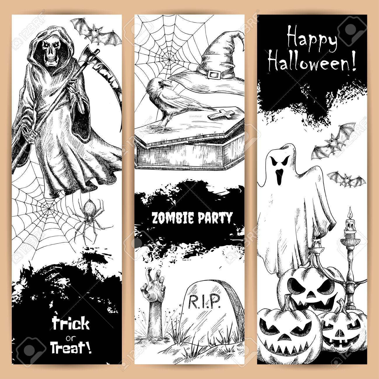 ハロウィーン縦ポスターを黒の鉛筆スケッチ文字と要素を設定します 怖い死死神ローブ ゾンビの手で墓地墓 不吉な笑顔で不気味な幽霊のカボチャ レトロなスタイルの背景 のイラスト素材 ベクタ Image