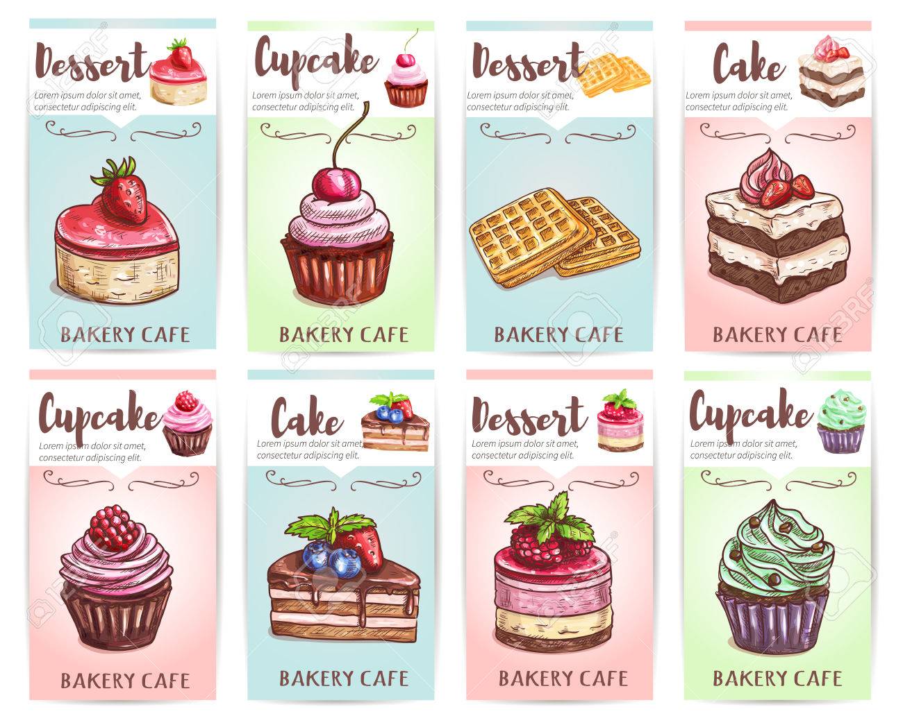 ケーキ カップケーキ クリーム チョコレート 新鮮なチェリーのデザート菓子のマフィン ワッフルのバナー セット ストロベリー ラズベリー ブルーベリーの果実 パン屋さんの店とカフェのデザイン のイラスト素材 ベクタ Image