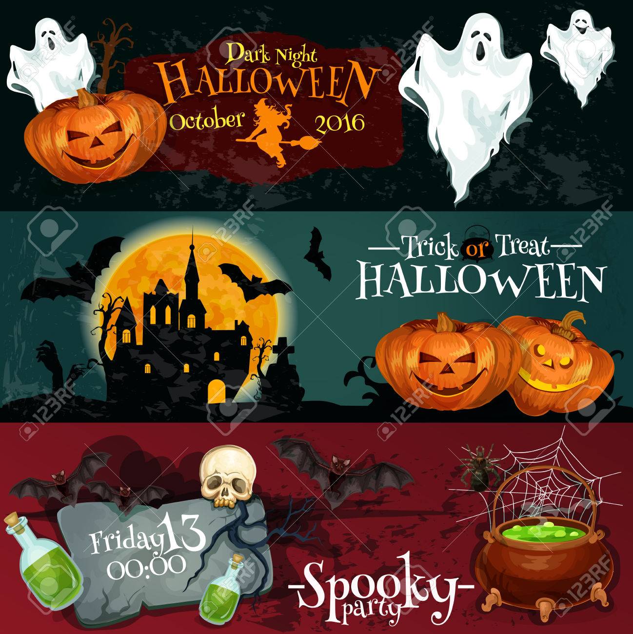 Diseno De Halloween Para Los Letreros Y Carteles Con Los Elementos Del Vector De Linterna De Calabaza Fantasmas Voladores Blancos Castillo Vampiro Encantada Con El Fondo De La Media Noche De Luna