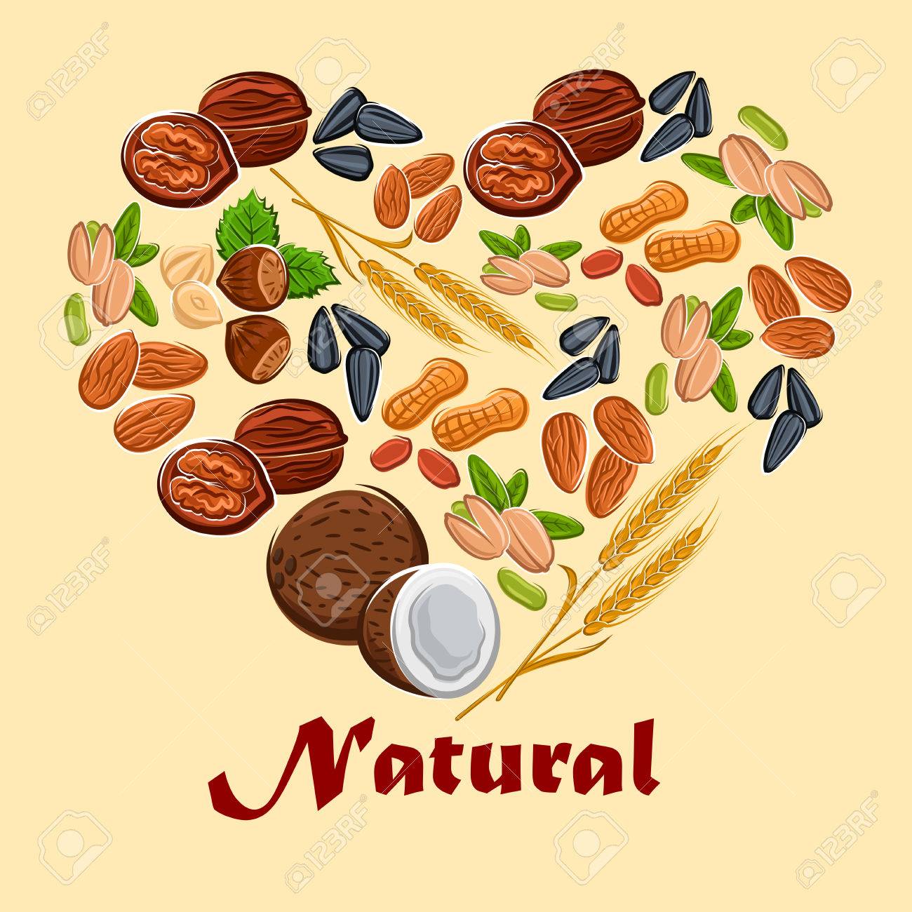 natural nuts and cereals nutrition poster placard in heart shape