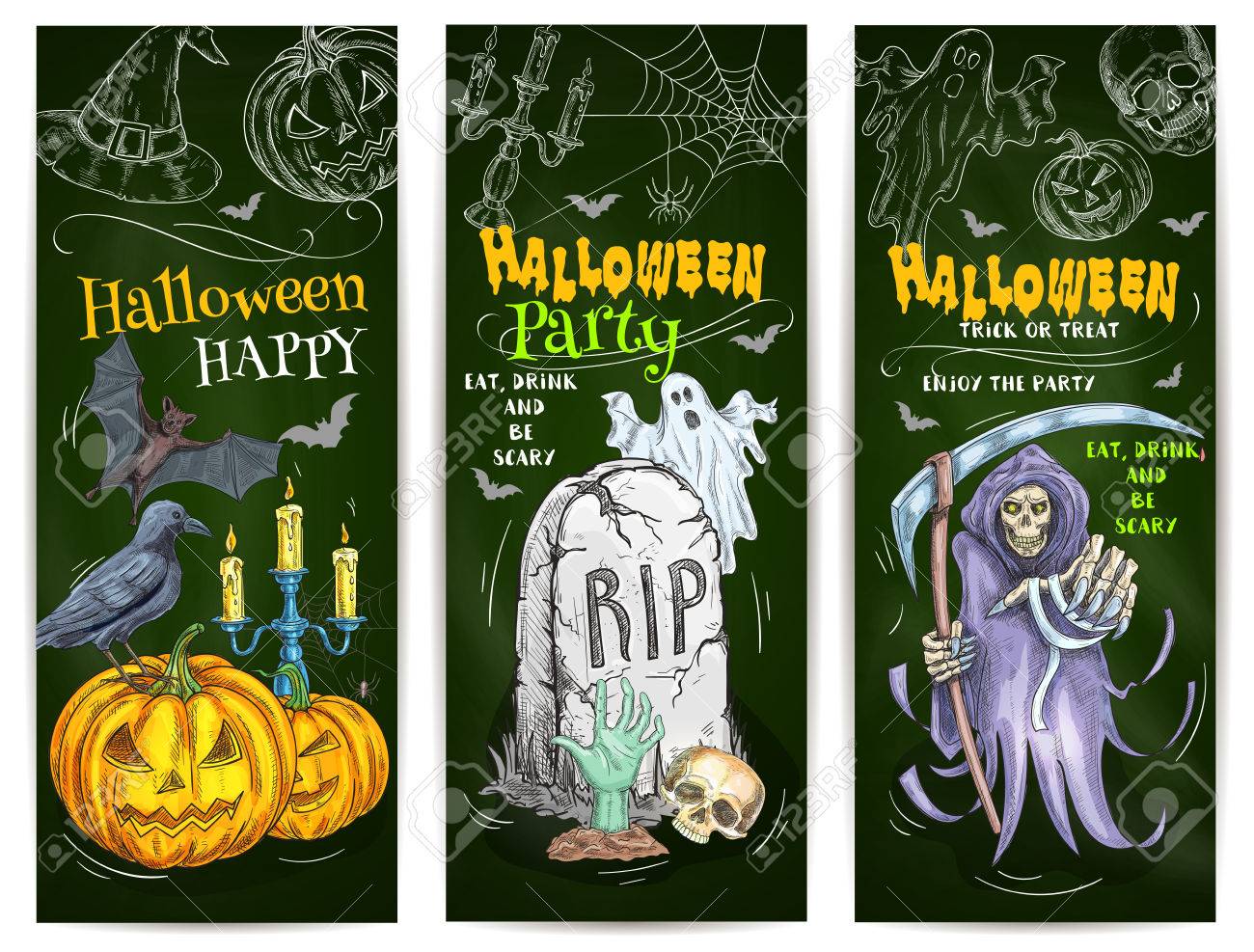 ハロウィーン パーティー トリックまたは御馳走チョーク スケッチ デザイン黒板 カボチャ 怖い死神 幽霊 魔女の帽子 バット 黒猫 墓地墓の色チョーク ハロウィーンお祝い要素をスケッチ のイラスト素材 ベクタ Image