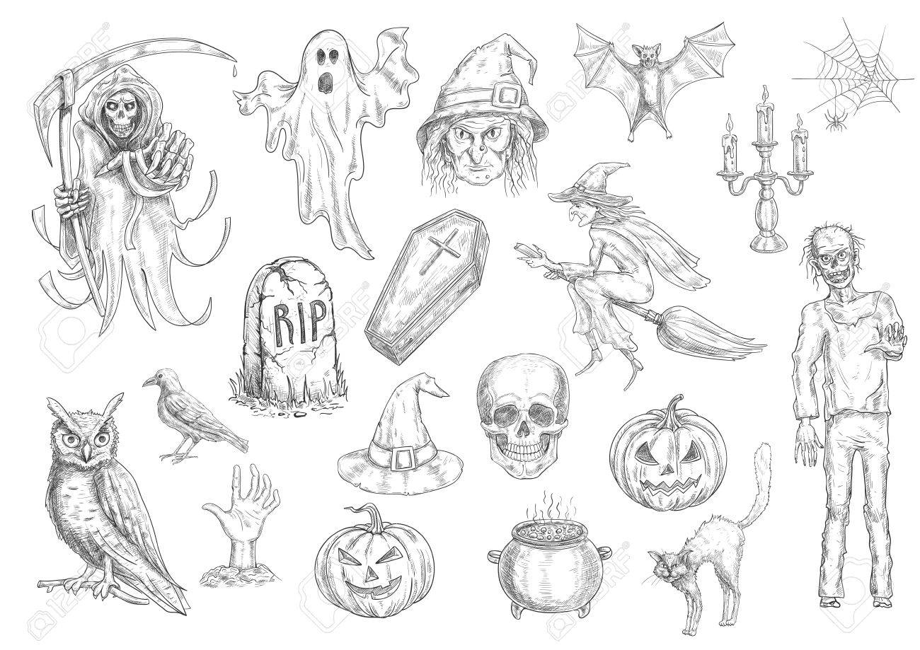 不気味なハロウィーンの休日とカボチャ ランタン 頭蓋骨 棺の中のホラー スケッチ記号は ほうき 大釜 猫 フクロウ コウモリ 墓 ゴーストの魔女します グリーティング カード 装飾デザインのレトロな要素をベクトルのイラスト素材 ベクタ Image