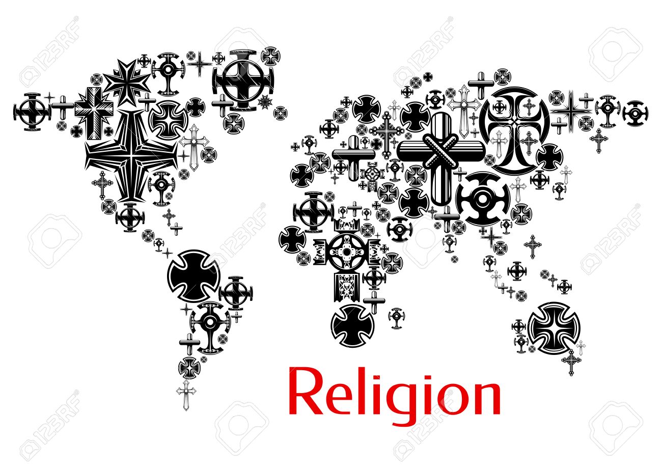 religion world map with christianity cross symbols map design