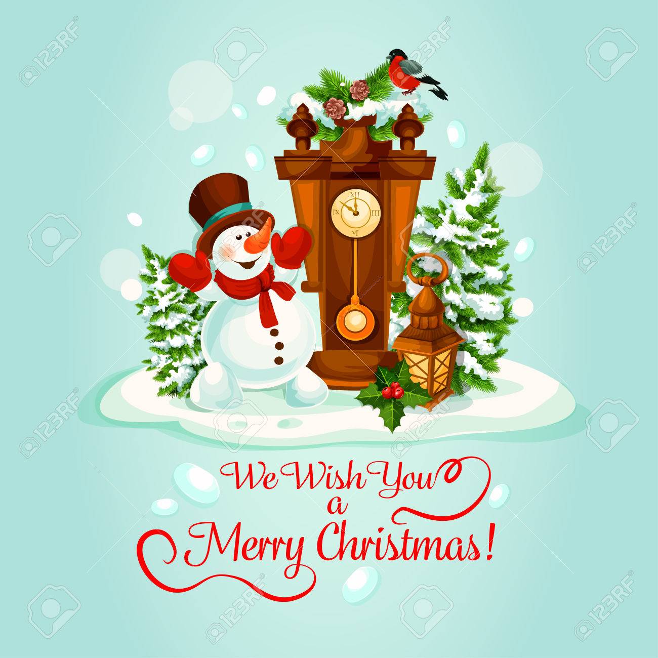 christmas day holiday poster with snowman clock and candle lantern christmas day poster