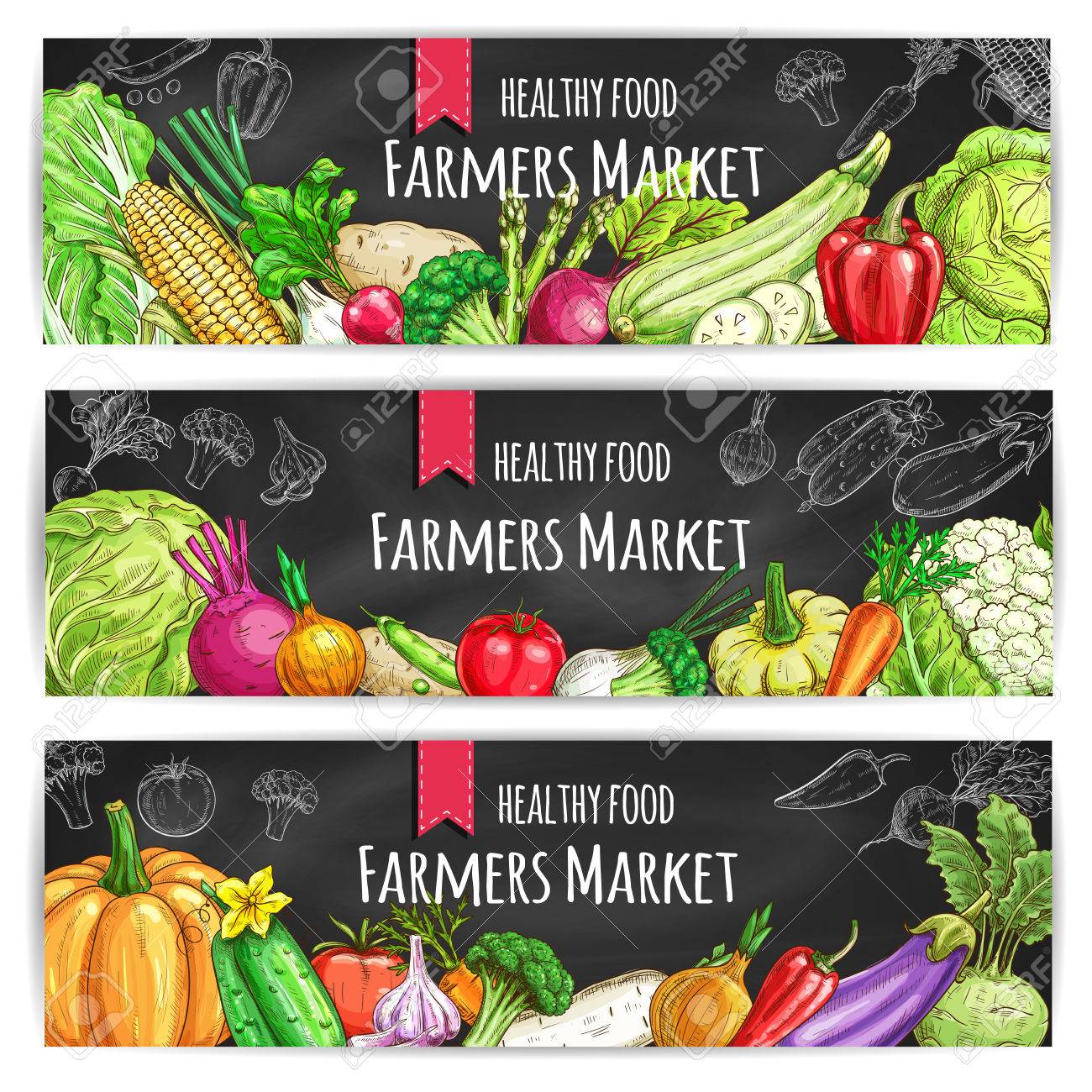 Veggies of farmer market. Vegetarian healthy food banners set. Chalk sketch vegetable pumpkin and cabbage, onion and broccoli, pepper and cucumber, tomato and celery, radish, carrot and beet, potato on blackboard - 65362581 Veggies of farmer market. Vegetarian healthy food banners set. Chalk sketch vegetable pumpkin and cabbage, onion and broccoli, pepper and cucumber, tomato and celery, radish, carrot and beet, potato on blackboard - 65362581