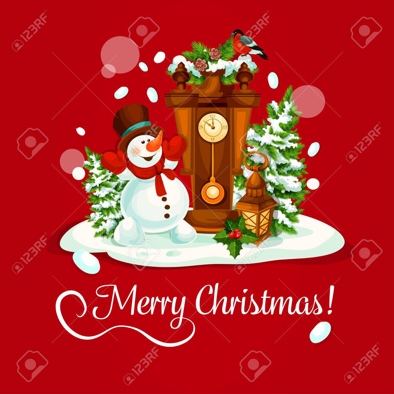 christmas day greeting card happy snowman with snowy pine tree christmas day poster