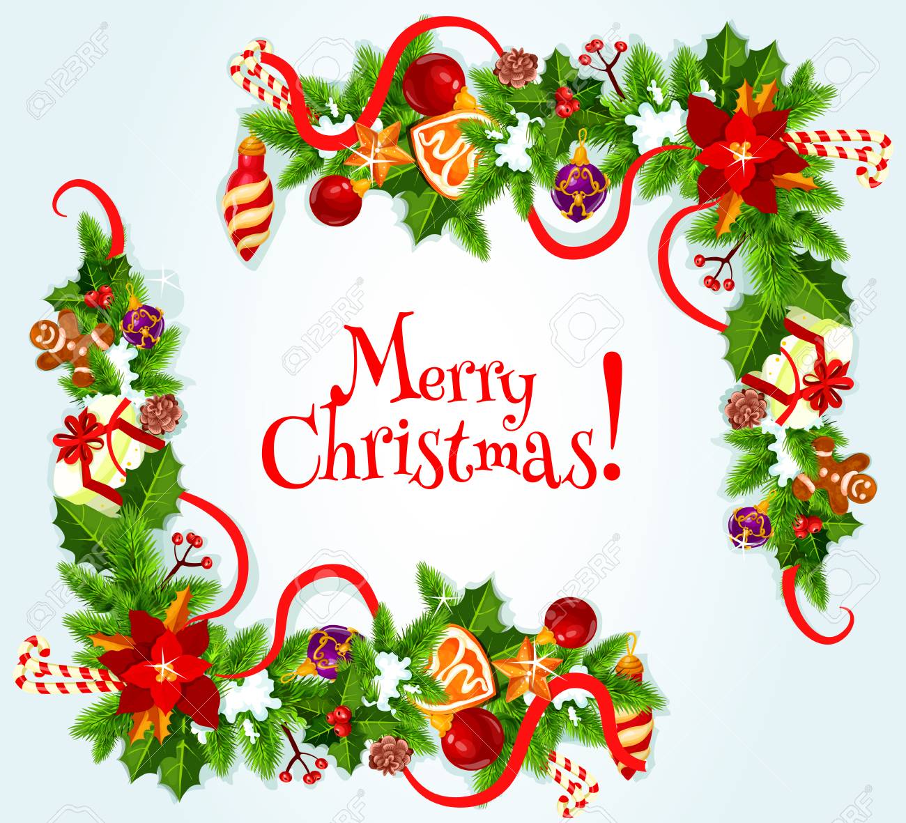 Carte De Voeux Joyeux Noel Avec Cadre De Pin Sapin Couronne De Houx Et Decorations Arcs Avec Des Boules De Noel Cloches Rubans Rouges Fleur Etoile De Poinsettia Biscuits De Pain D Epice