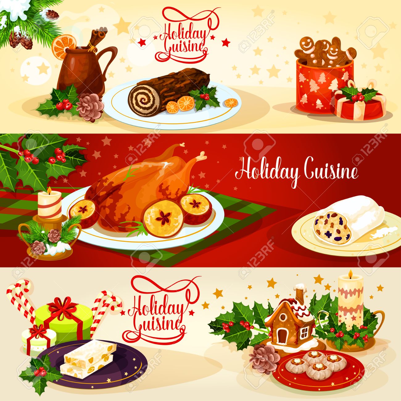 クリスマスの休日料理ディナー バナー アップル チョコレートのロールケーキ ジンジャーブレッドハウスと男 シュトーレン ナット Turron パイ ギフトとホットワインで七面鳥を焼き ホリー キャンディし キャンドル のイラスト素材 ベクタ Image