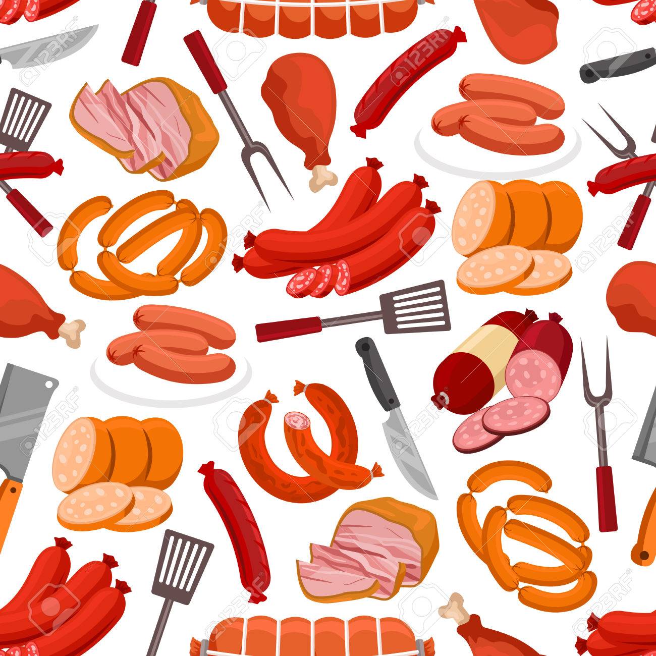 Meat delicatessen pattern. Vector seamless background of sausages, smoked bacon, roast beef, beef steak, ham, pork wurst, salami, schnitzel, grilled chicken leg, grill fork, knife, spatula - 66192292 Meat delicatessen pattern. Vector seamless background of sausages, smoked bacon, roast beef, beef steak, ham, pork wurst, salami, schnitzel, grilled chicken leg, grill fork, knife, spatula - 66192292