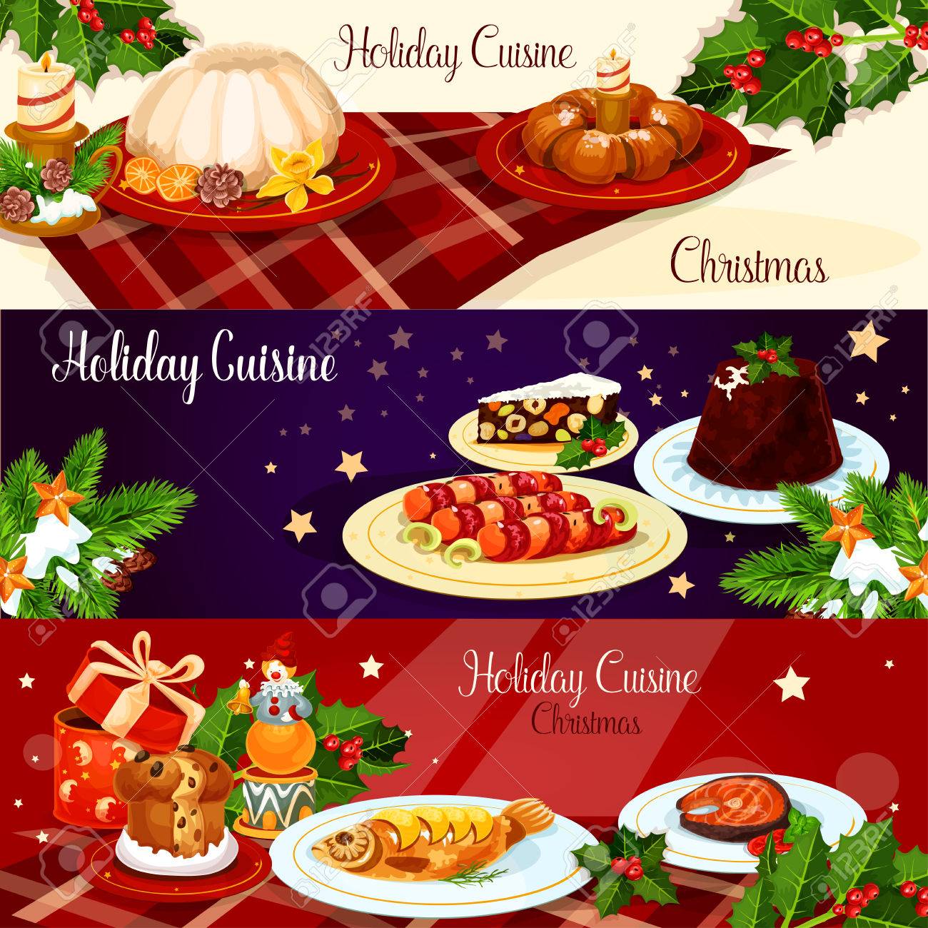 christmas holiday cuisine banner set british xmas pudding smoked salmon stuffed fish - British Christmas christmas holiday cuisine banner set british xmas pudding smoked salmon stuffed fish - British Christmas