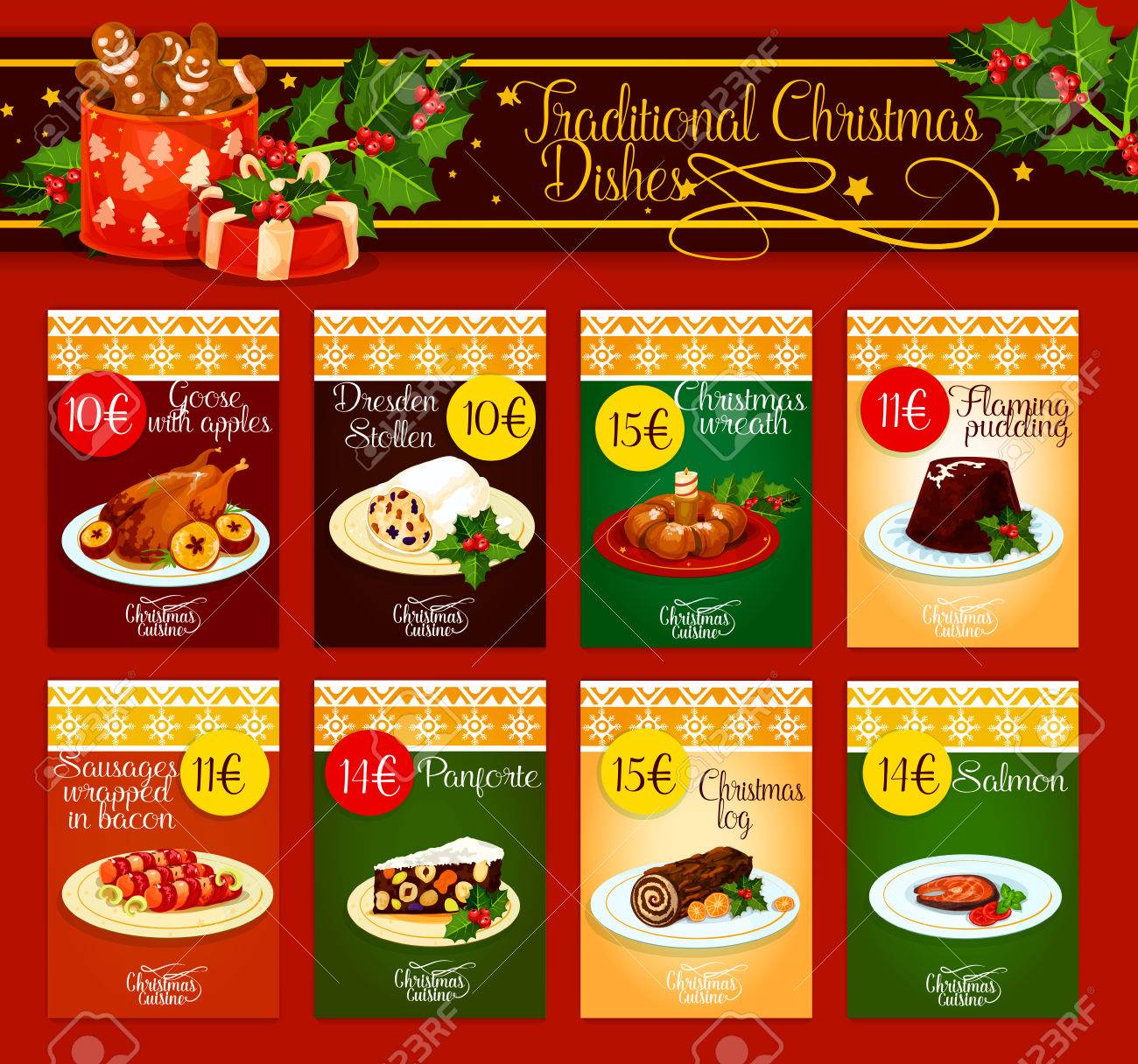 christmas dinner menu template with meat fish and pastry dishes free dinner menu templates
