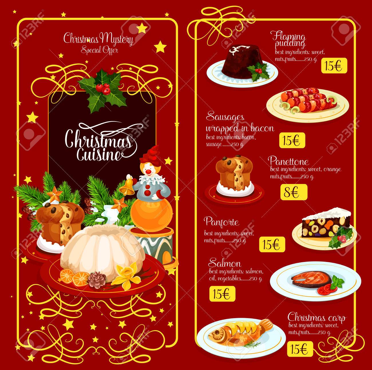 クリスマスお祝いメニュー テンプレート デザイン イギリスの燃えるようなプリン 焼かれた魚 ソーセージ ベーコン 甘いパン イタリア ナット デザート ホリーベリー 松の木 星で飾られて レストラン メニュー デザイン のイラスト素材 ベクタ Image
