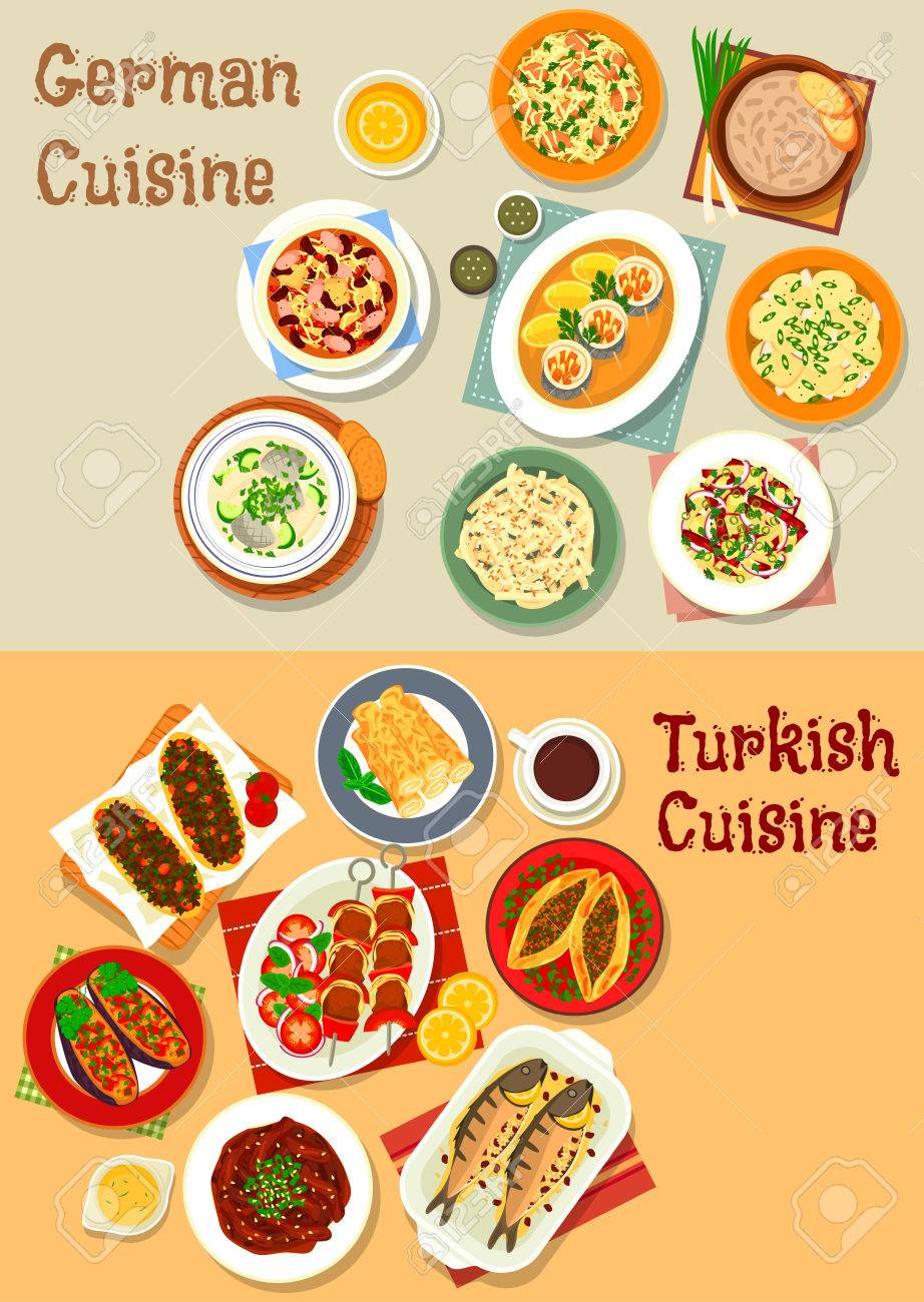 kaesekuchen mit wuerstchen, deutsch und türkische küche symbol mit grillfleisch, schweinefleisch, Design ideen