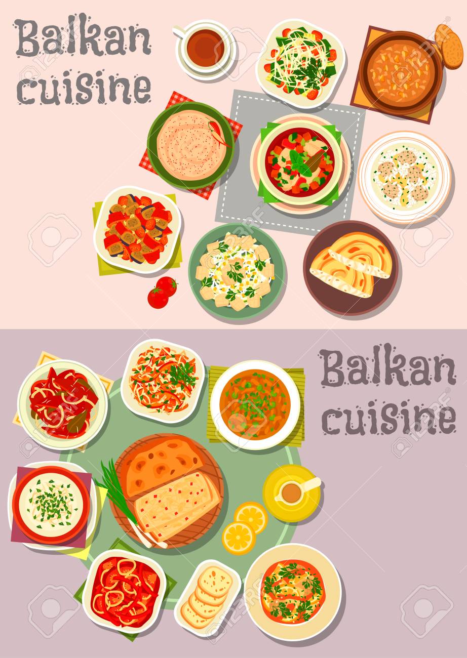 トマト コショウ 魚のサラダ ピーマンのトマト煮込み パプリカ チーズ普及 焼き豆 魚のシチュー チーズ ミートボールの米と魚のスープ じゃがいもとチーズのパイとバルカン料理アイコンを設定 のイラスト素材 ベクタ Image 6113
