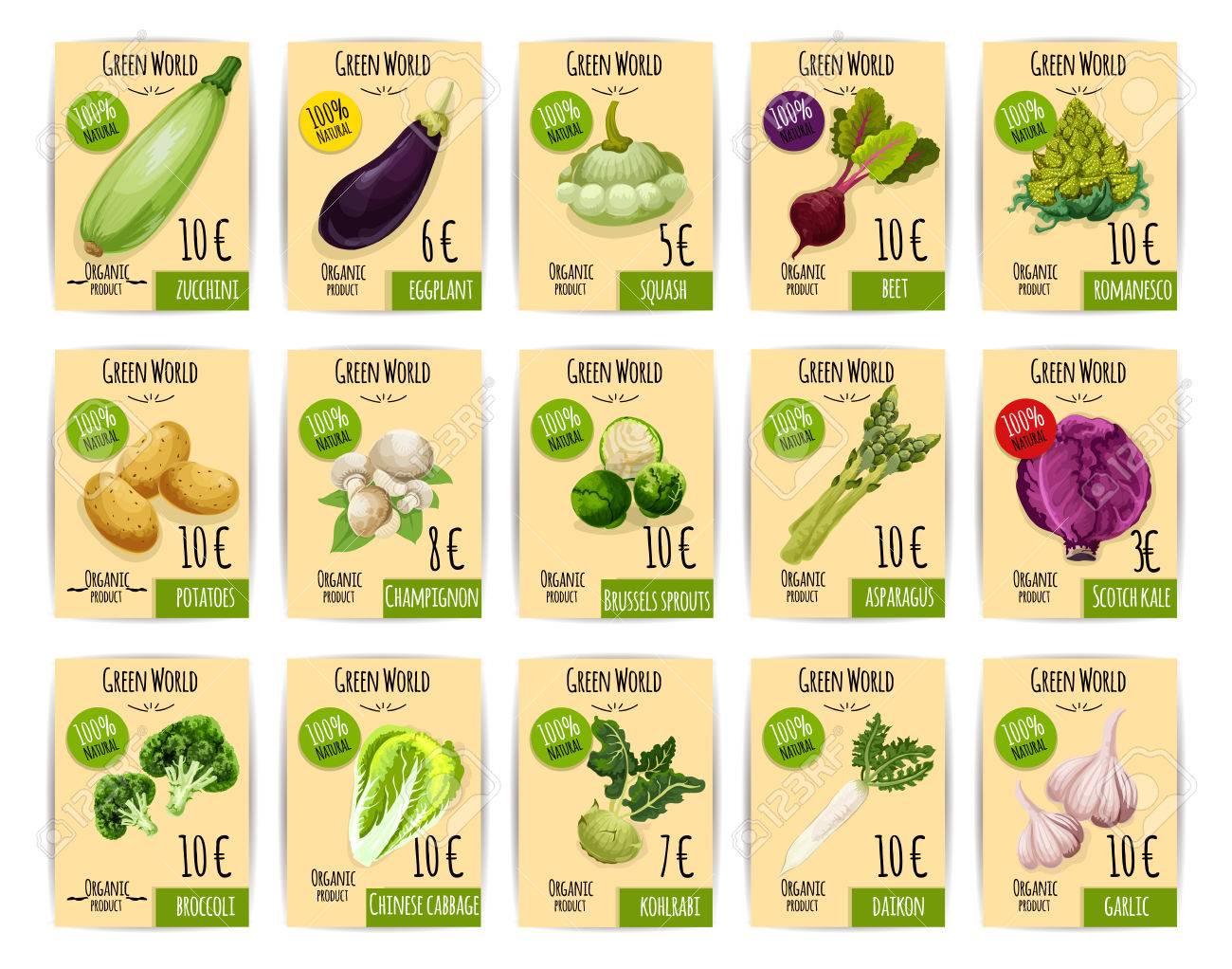 野菜の値札やラベルを設定します ブロッコリーとナス ポテト ビート キャベツ きのこ ニンニク ズッキーニ アスパラガス 大根 コールラビ 市場 食品パッケージ デザインの有機野菜プロダクト カード のイラスト素材 ベクタ Image