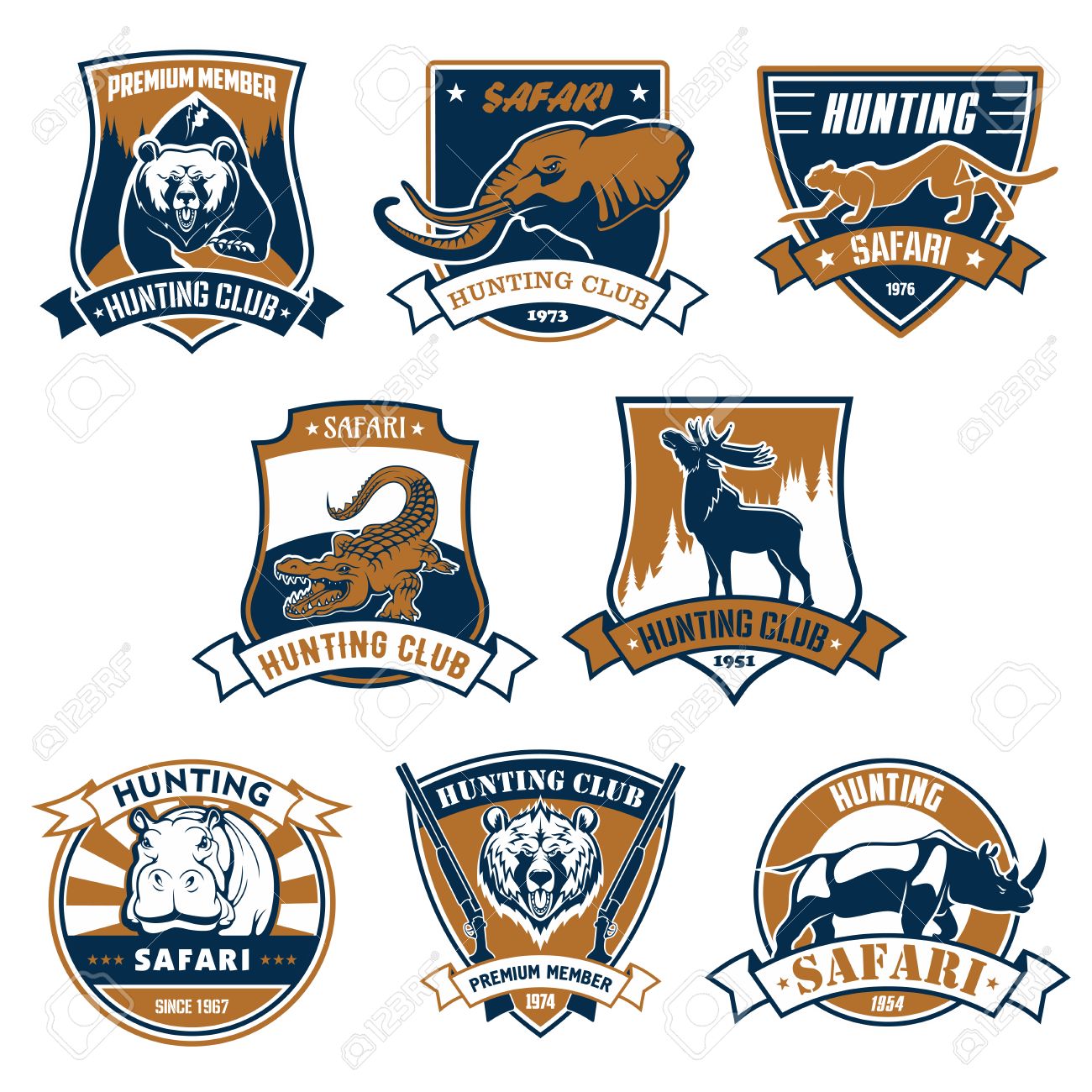狩猟クラブのエンブレムを設定します アイコンは 野生とアフリカのサファリ動物動物クマ ゾウとパンサー ワニ ワニ エルクや鹿 カバとサイとリボン ベクトル記号やスポーツやアドベンチャーをハンター バッジのイラスト素材 ベクタ Image