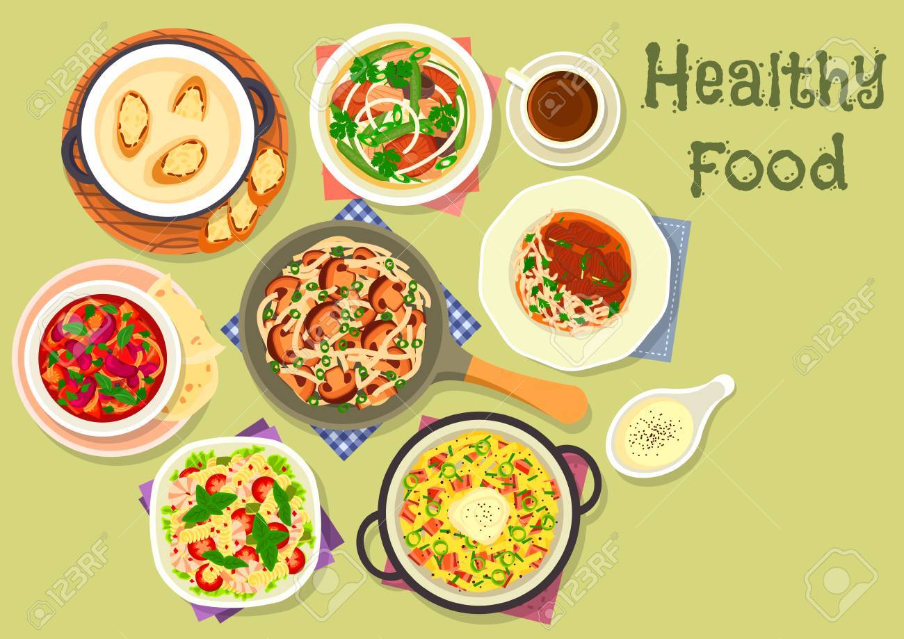 チーズ焼きベーコン 卵麺と牛肉 エビ パスタ サラダ 豆ビーフ シチュー きのこ麺 麺と揚げキノコ ニンニクのパンのチーズフォンデュ ディナー アイコンのおいしい食事 のイラスト素材 ベクタ Image