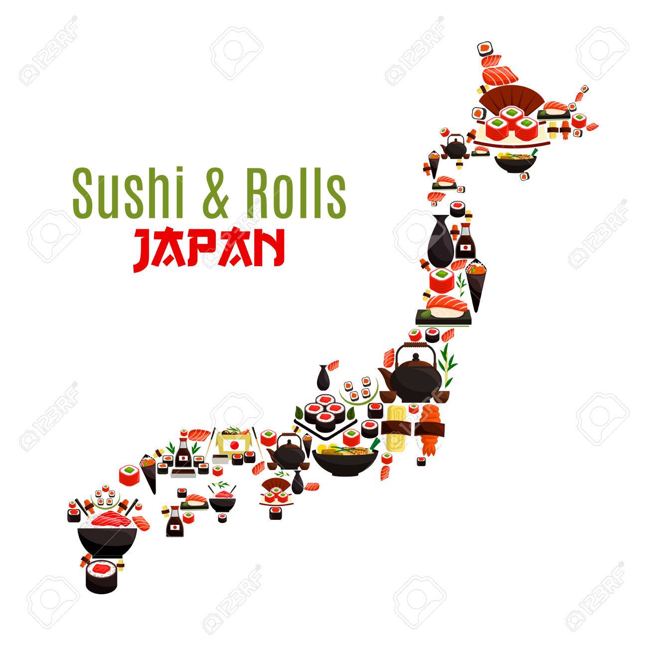 寿司 刺身 魚介類は 日本地図でロールします エビ麺鍋とご飯 魚 海苔 寿司とわさびと醤油 お箸とお茶とサーモン刺身と東洋味噌汁の和食シンボルのイラスト素材 ベクタ Image
