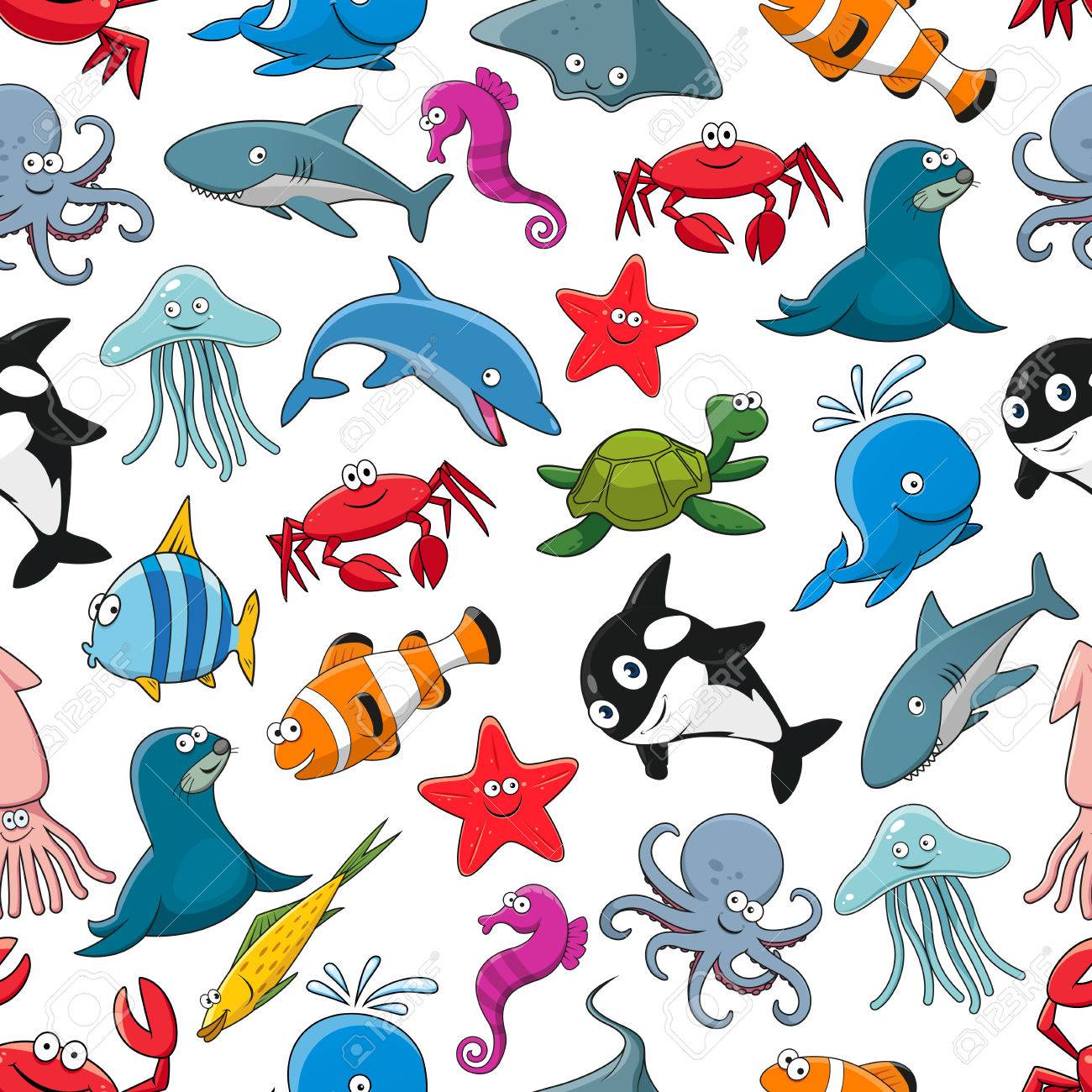 cartoon pattern of sea fish and ocean animals starfish and seahorse sea horse pattern
