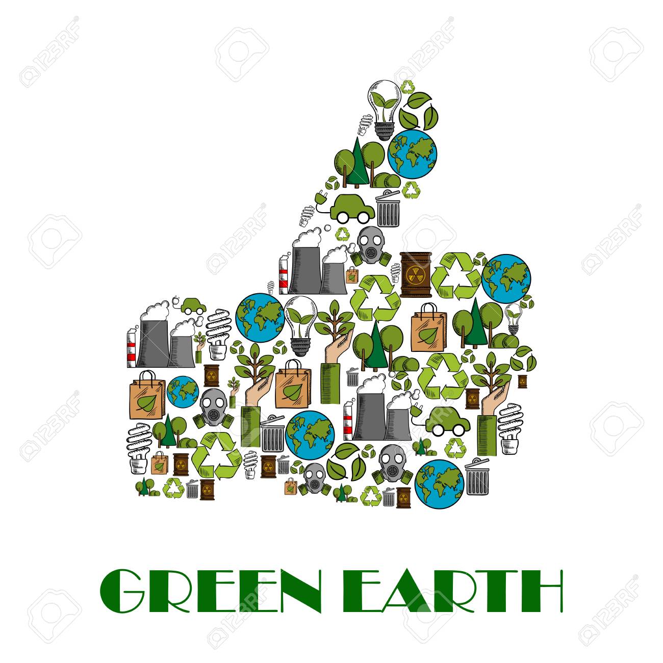 地球を緑に自然エコロジー コンセプト ポスター 項目電気ランプ ガソリン ドロップ 水 車 自転車 緑のエネルギー源をリサイクル地球保全の設計環境保護と汚染保護のためベクトル記号親指のイラスト素材 ベクタ Image