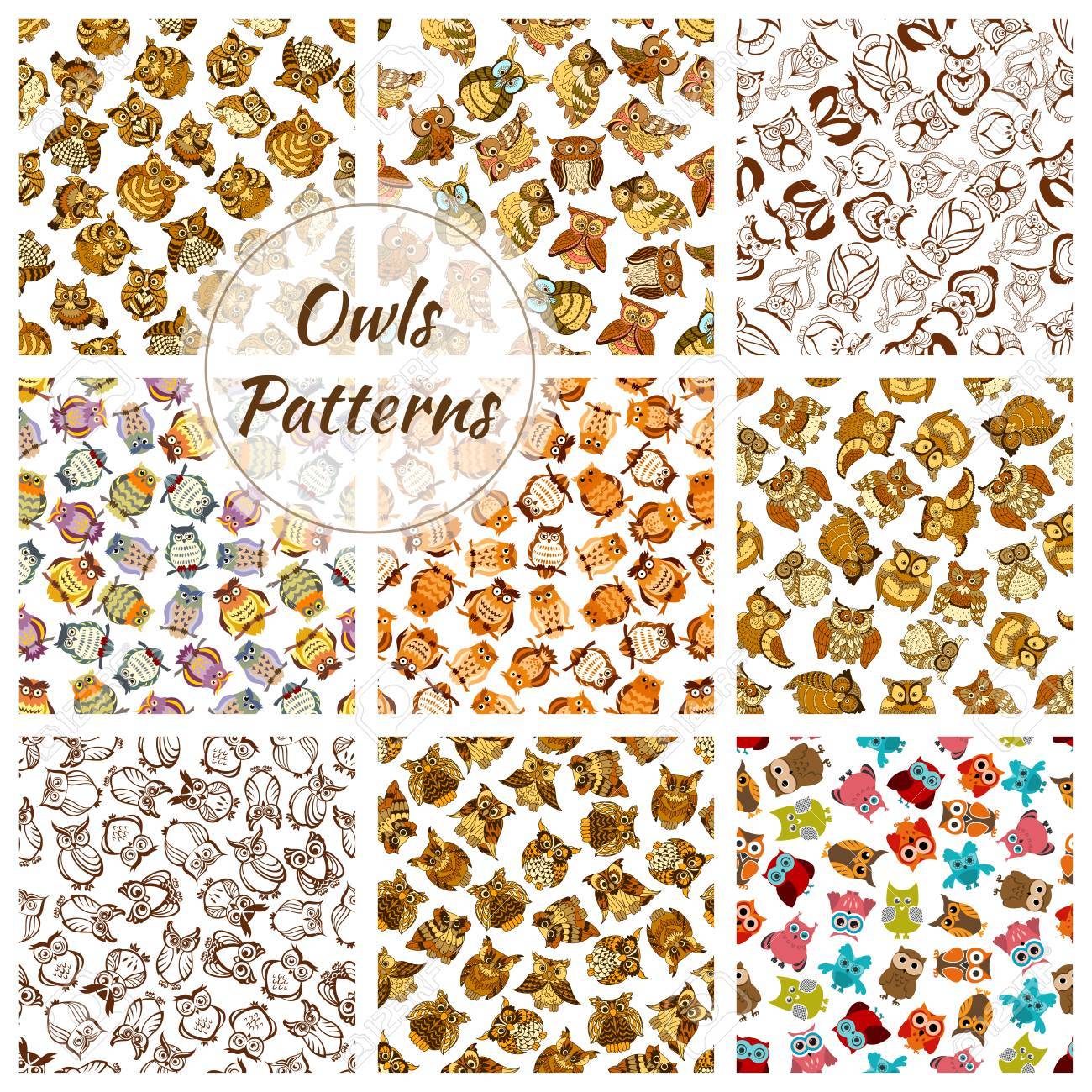 Conjunto De Fundo De Padrao De Coruja Sem Costura Ave De Rapina De Floresta Selvagem Com Penas Castanhas Cinza E Amarelas Vida Selvagem Design Do Pano De Fundo Da Pagina De Recados