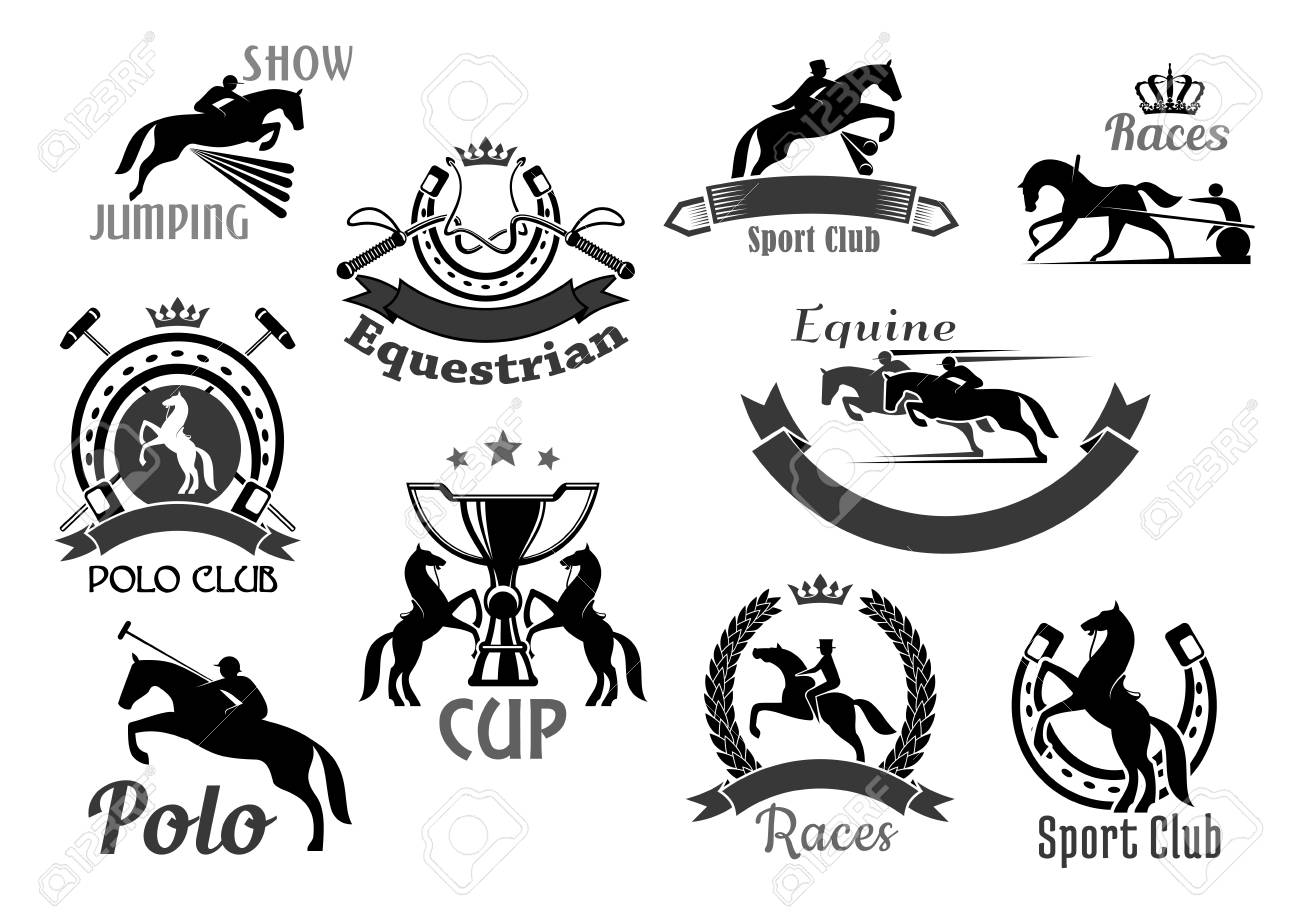 競馬や馬スポーツ クラブ ベクトル アイコン ポロ競技 馬術のエンブレム ジャンプ ショーまたは馬蹄形のシンボルとのレース クラウンや競馬勝利カップ賞ライダー勝者月桂樹の花輪のイラスト素材 ベクタ Image