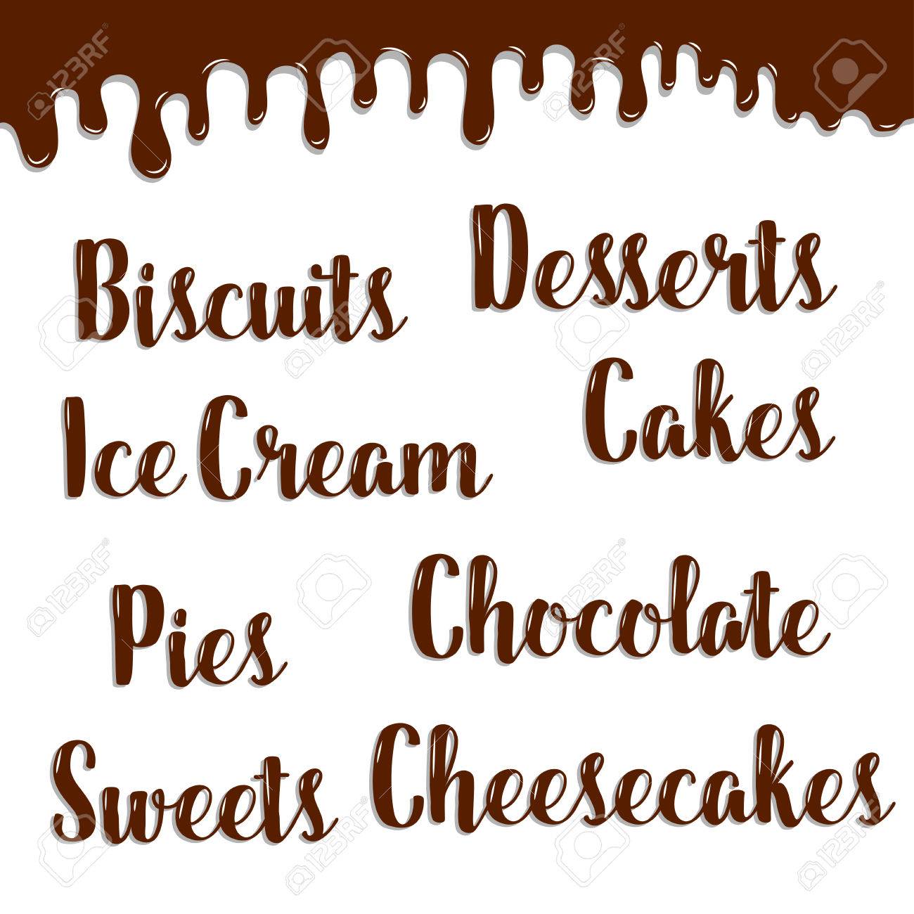 Pastry Dessert Noms De Fondant Au Chocolat Ecrits Vectoriels De Biscuit Tarte La Creme Glacee Des Gateaux Et Petit Gateau Bonbons Et Gateau Au Fromage Pour Boulangerie Ou Une Affiche De Patisserie