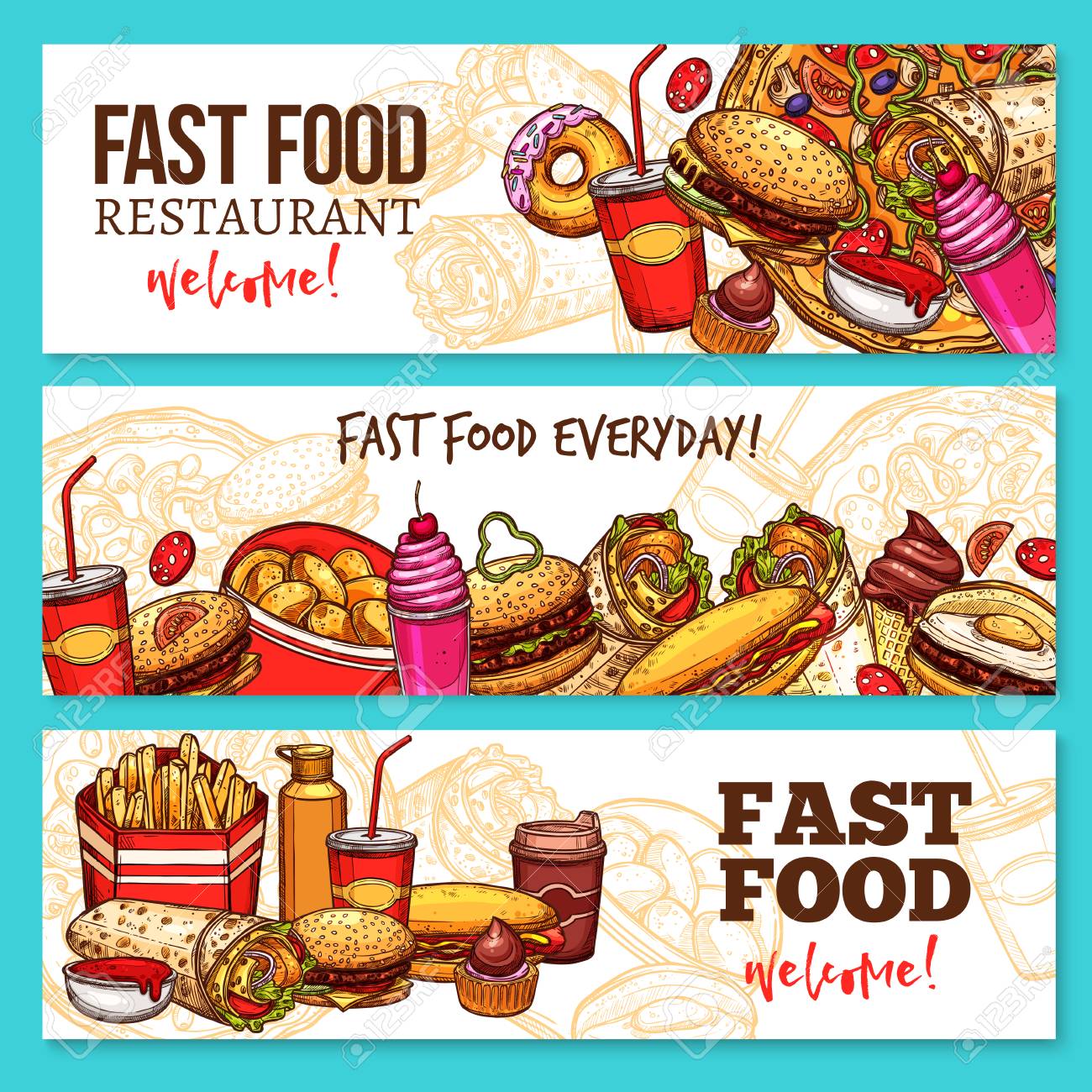 fast food restaurant sketch banner set design food set design