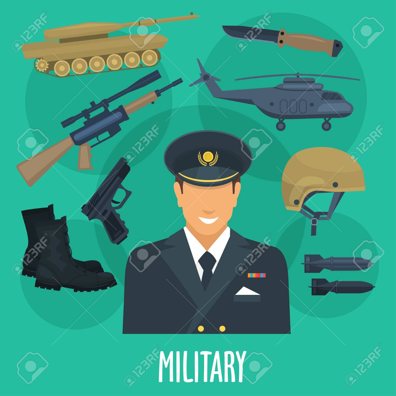 軍人職業ベクトル ポスターと 武器銃 弾薬服と輸送機や戦時中のヘリコプターの航空機 特殊部隊分隊腕装甲迷彩兵ののイラスト素材 ベクタ Image