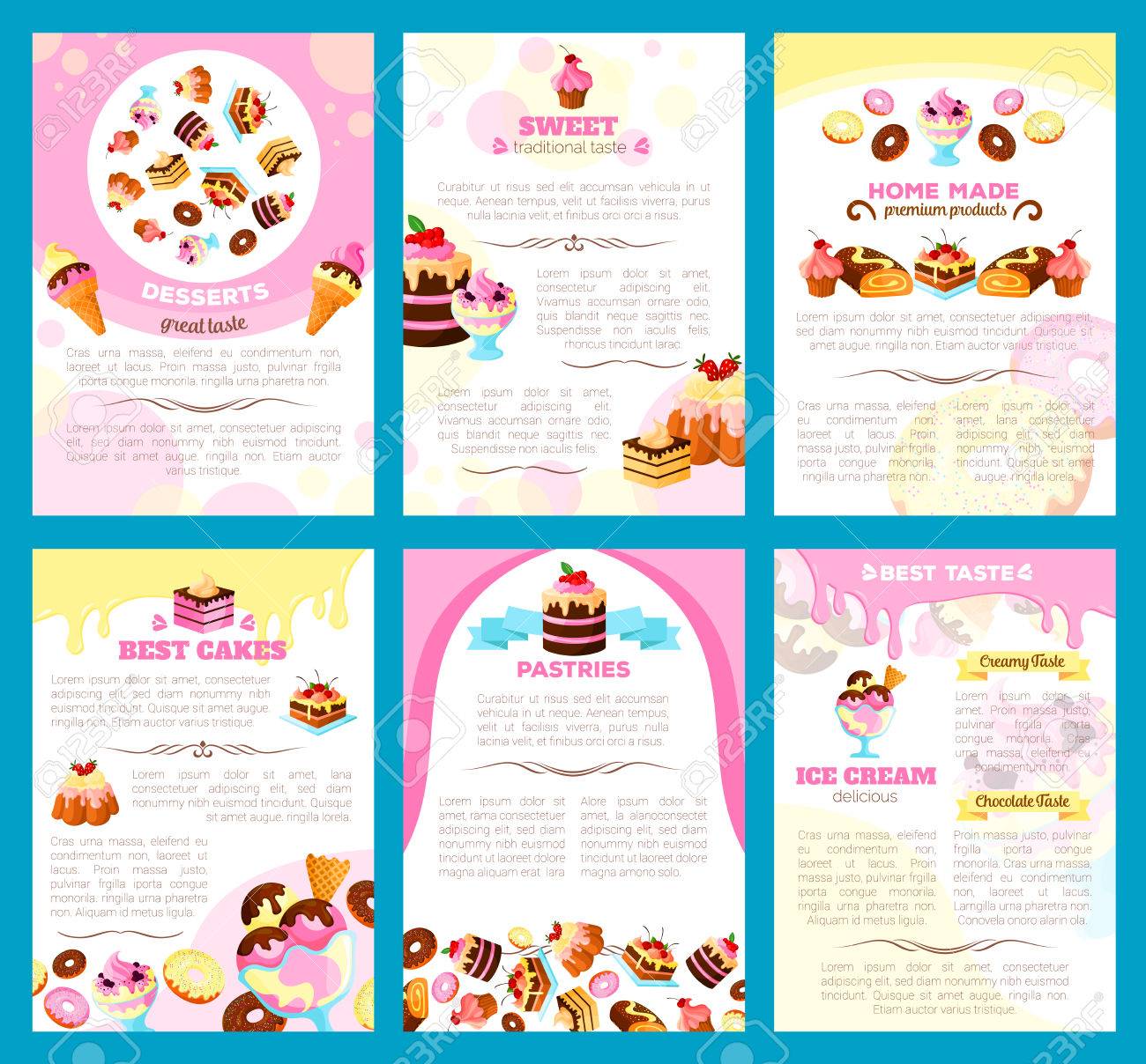 desserts and bakery shop brochure or poster of vector sweet cakes bakery brochures