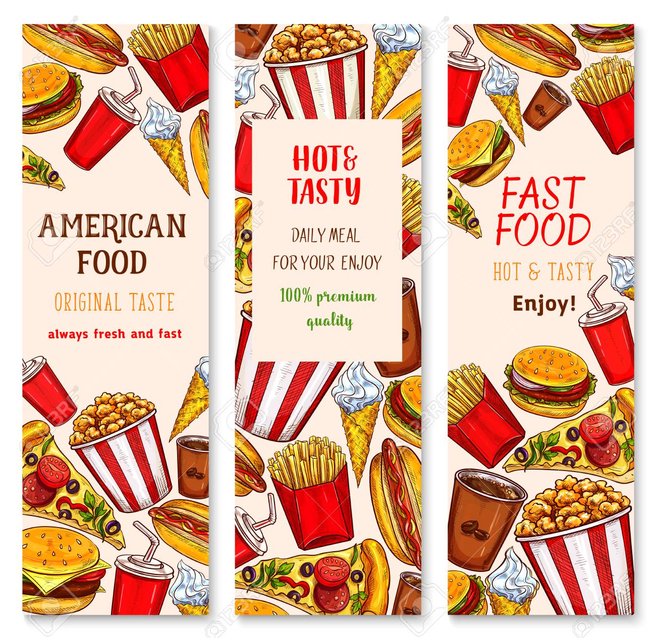 Fast Food Banners Design Of Burgers Sandwich Or Snacks And Desserts Royalty Free Cliparts Vectors And Stock Illustration Image 80570398