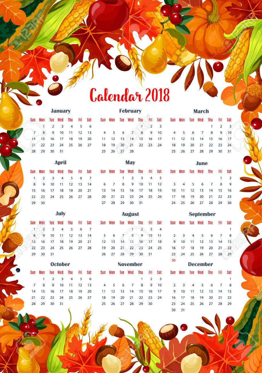 autumn seasonal calendar 2018 template vector design of maple