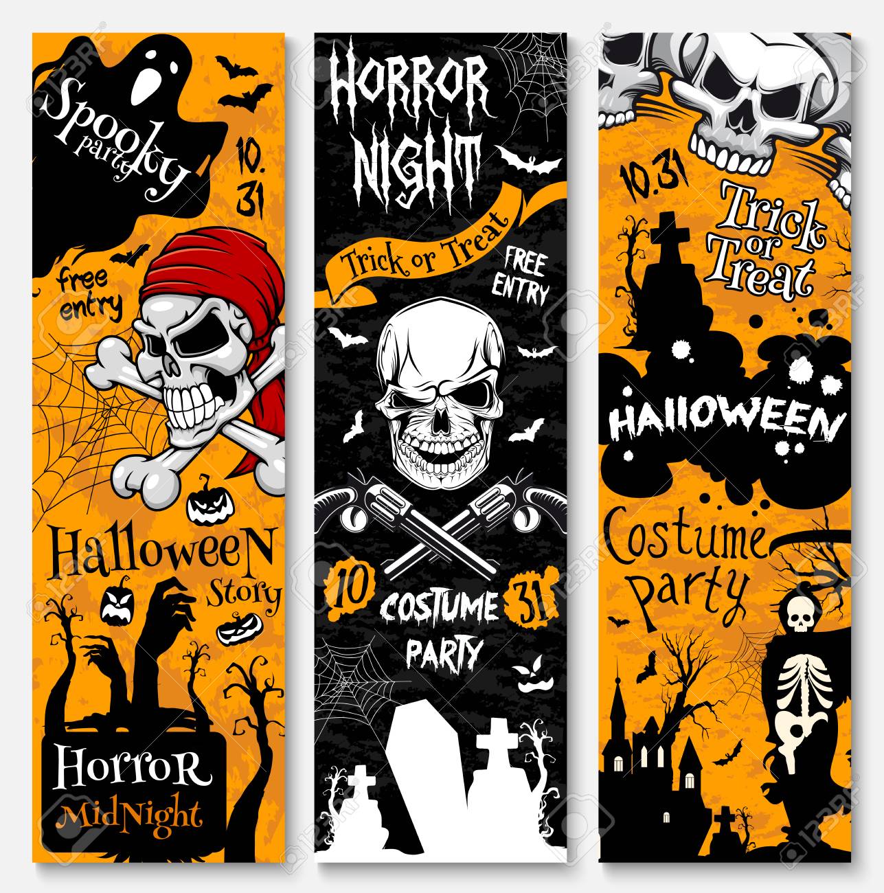 海賊コスチューム パーティーのハロウィーン休日ホラー バナー 不気味な幽霊 どくろ ハロウィンかぼちゃとバット スパイダー 墓地とお化け屋敷ポスター デザインの死鎌とスケルトンの頭蓋骨のイラスト素材 ベクタ Image