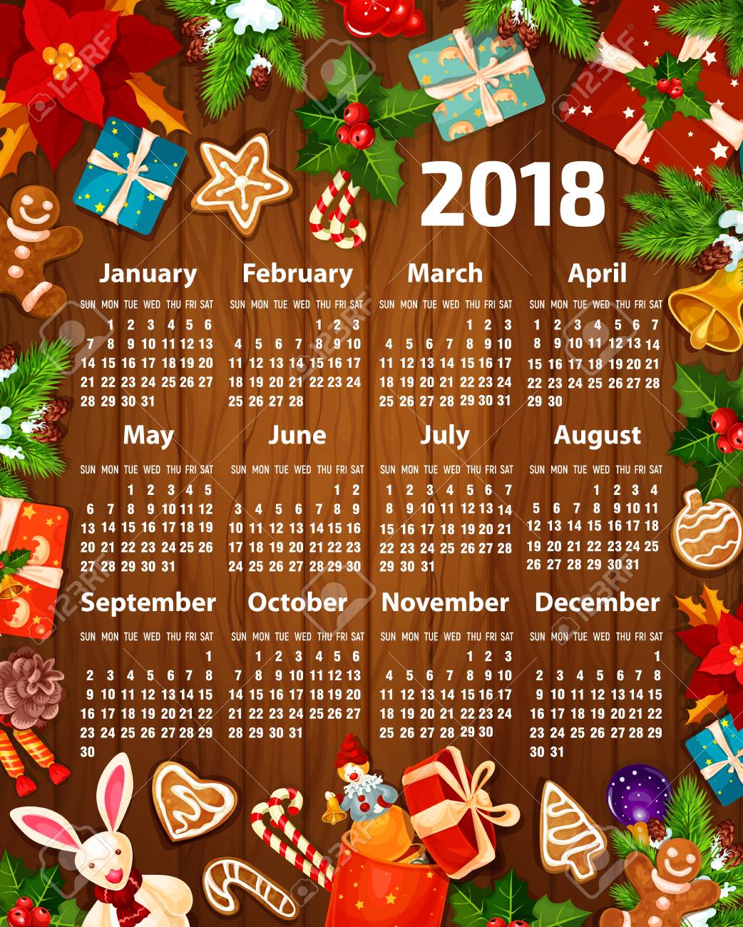 2018 calendar design of christmas and new year decorations santa january calendar decorations