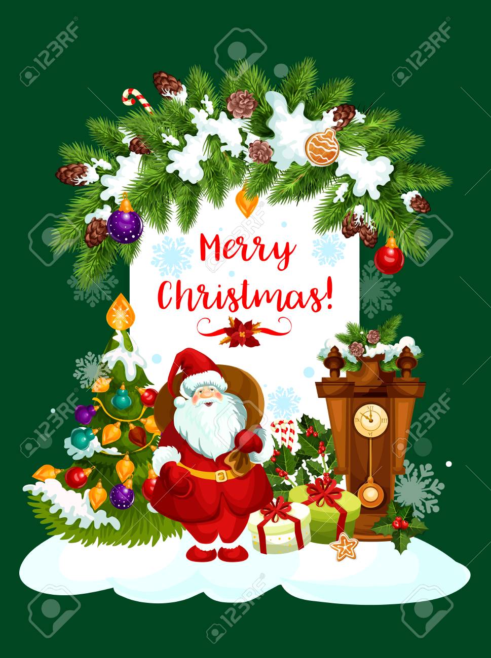 Merry Christmas Greeting Card Design Of Santa Gifts And Christmas ...