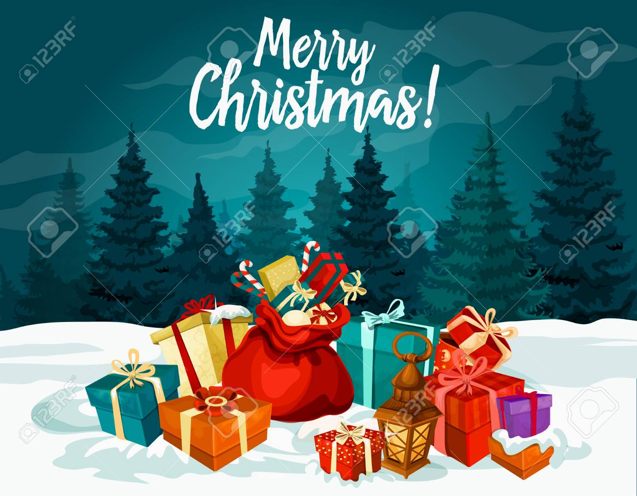 Merry Christmas holiday greeting card with New Year gift and Santa bag. Xmas present box with ribbon bow, candy and snow festive poster with Christmas tree and winter forest landscape on background - 89675033 Merry Christmas holiday greeting card with New Year gift and Santa bag. Xmas present box with ribbon bow, candy and snow festive poster with Christmas tree and winter forest landscape on background - 89675033