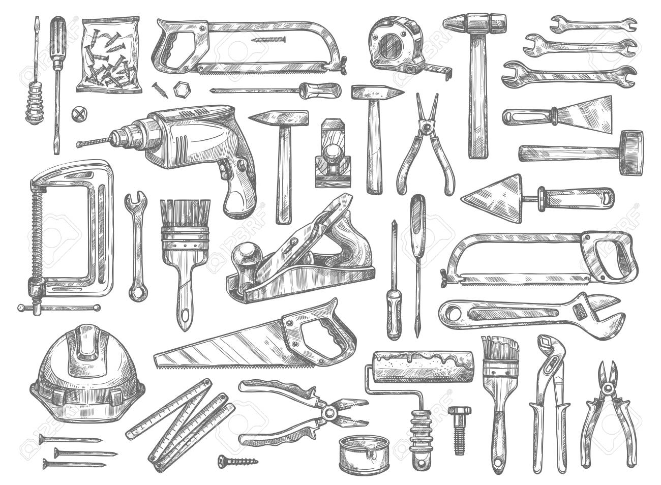 Vector work tools sketch icons for house repair. - 90587350 Vector work tools sketch icons for house repair. - 90587350