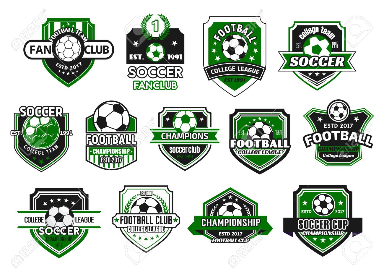 Club Deportivo De Fútbol Y Equipo De Fútbol Escudo Conjunto Insignia Balón De Fútbol Con Escudo Heráldico Decorado Con Corona De Campeón Pancarta De Cinta Y Estrella Para Campeonato De Fútbol Y