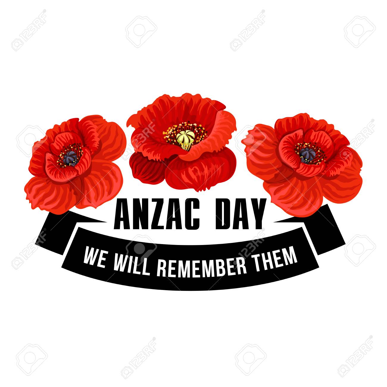 Anzac Day Flower Symbol Of Red Poppy Black Ribbon Banner With