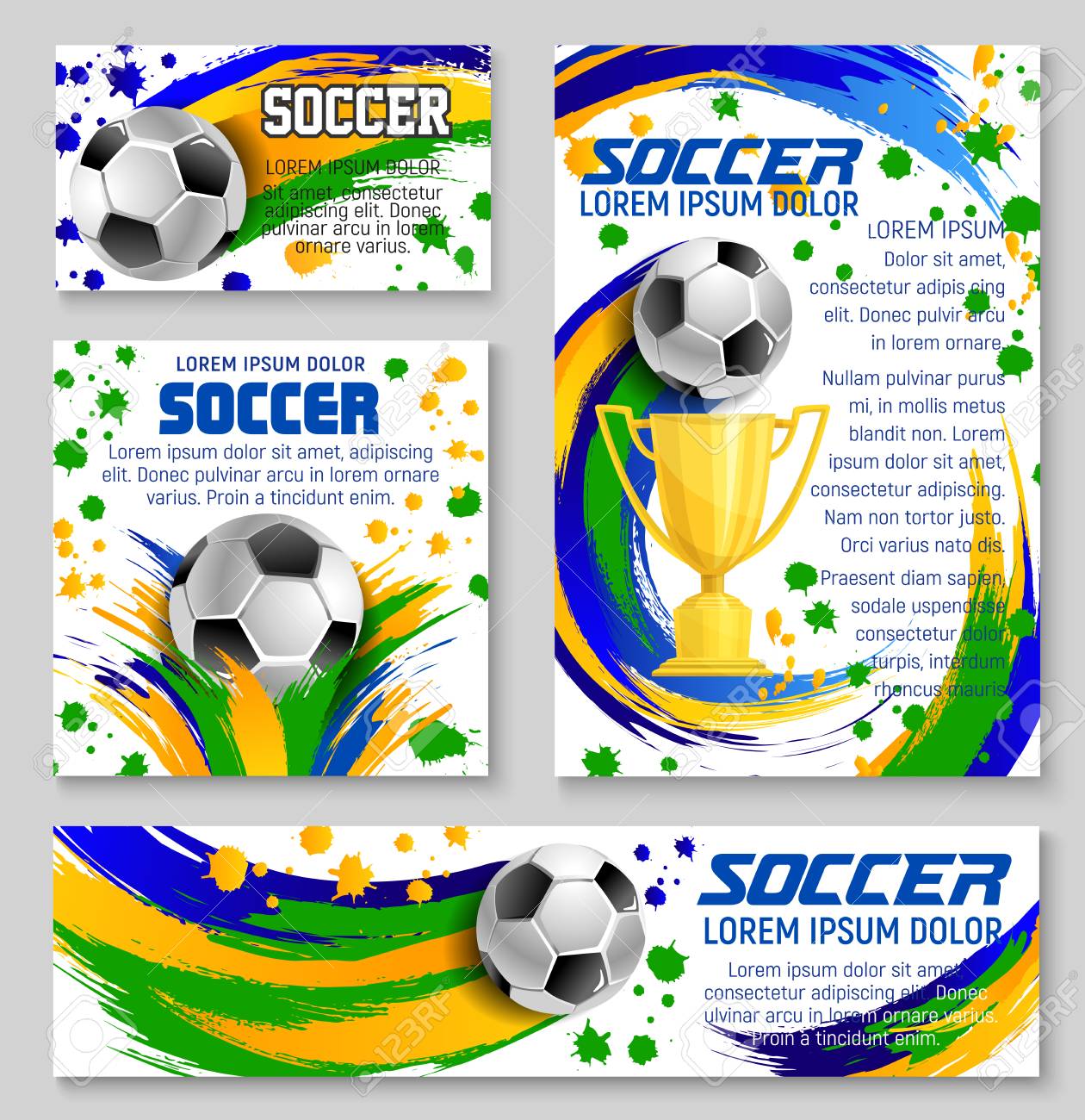 soccer ball and golden trophy banner for football sport club