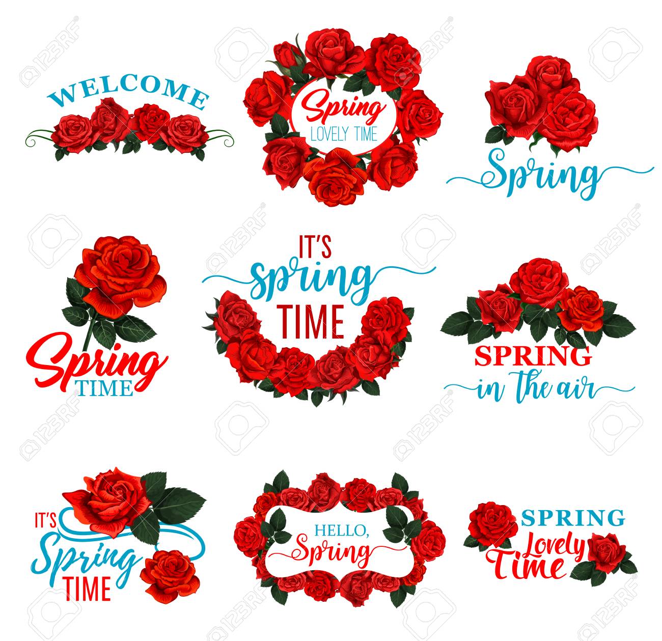 赤いバラの花のこんにちは春の花のフレームアイコンのイラスト素材 ベクタ Image 96831280