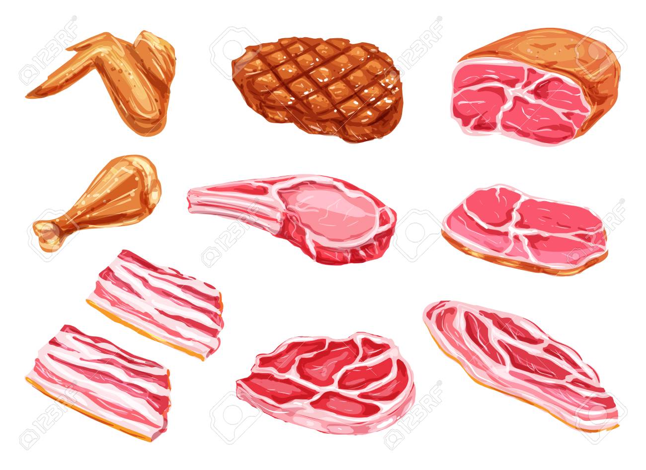 Vector meat products watercolor paint icons illustration. - 97098846 Vector meat products watercolor paint icons illustration. - 97098846