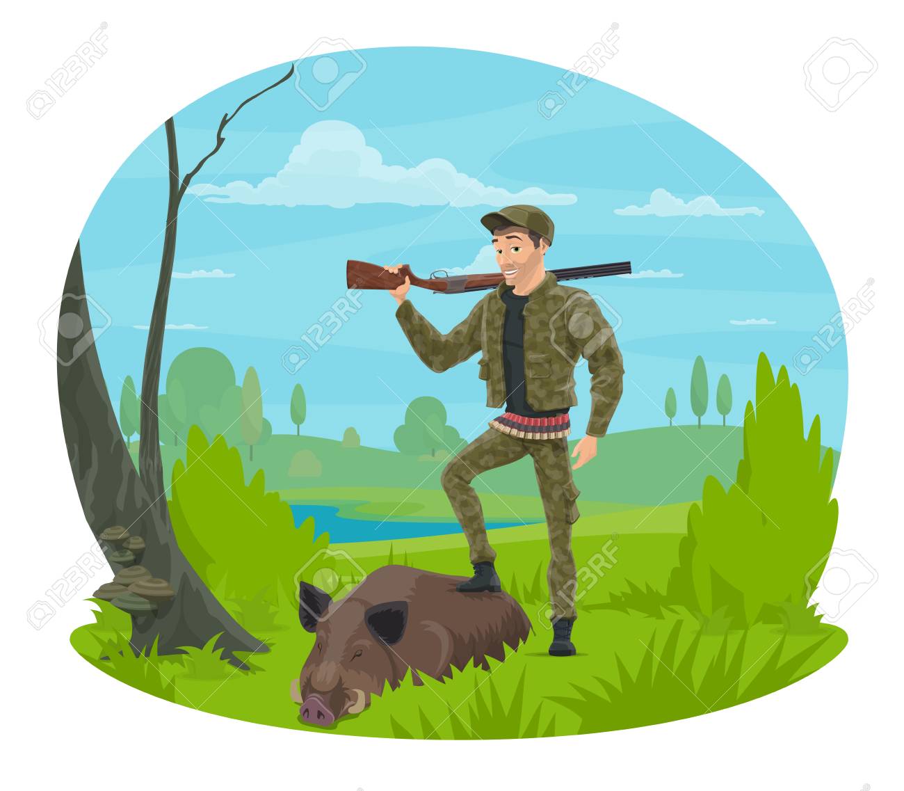 Hunter With Rifle And Trophy Cartoon Icon For Hunting Sport Themes Design Huntsman In Camouflage Uniform