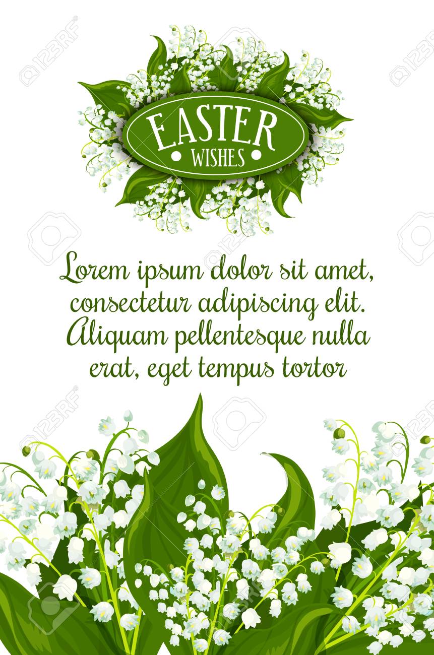 Easter Wishes greeting card. White lily of the valley flowers with green leaves and text layout for your wishes. Easter spring holiday festive banner or poster design - 106164965 Easter Wishes greeting card. White lily of the valley flowers with green leaves and text layout for your wishes. Easter spring holiday festive banner or poster design - 106164965