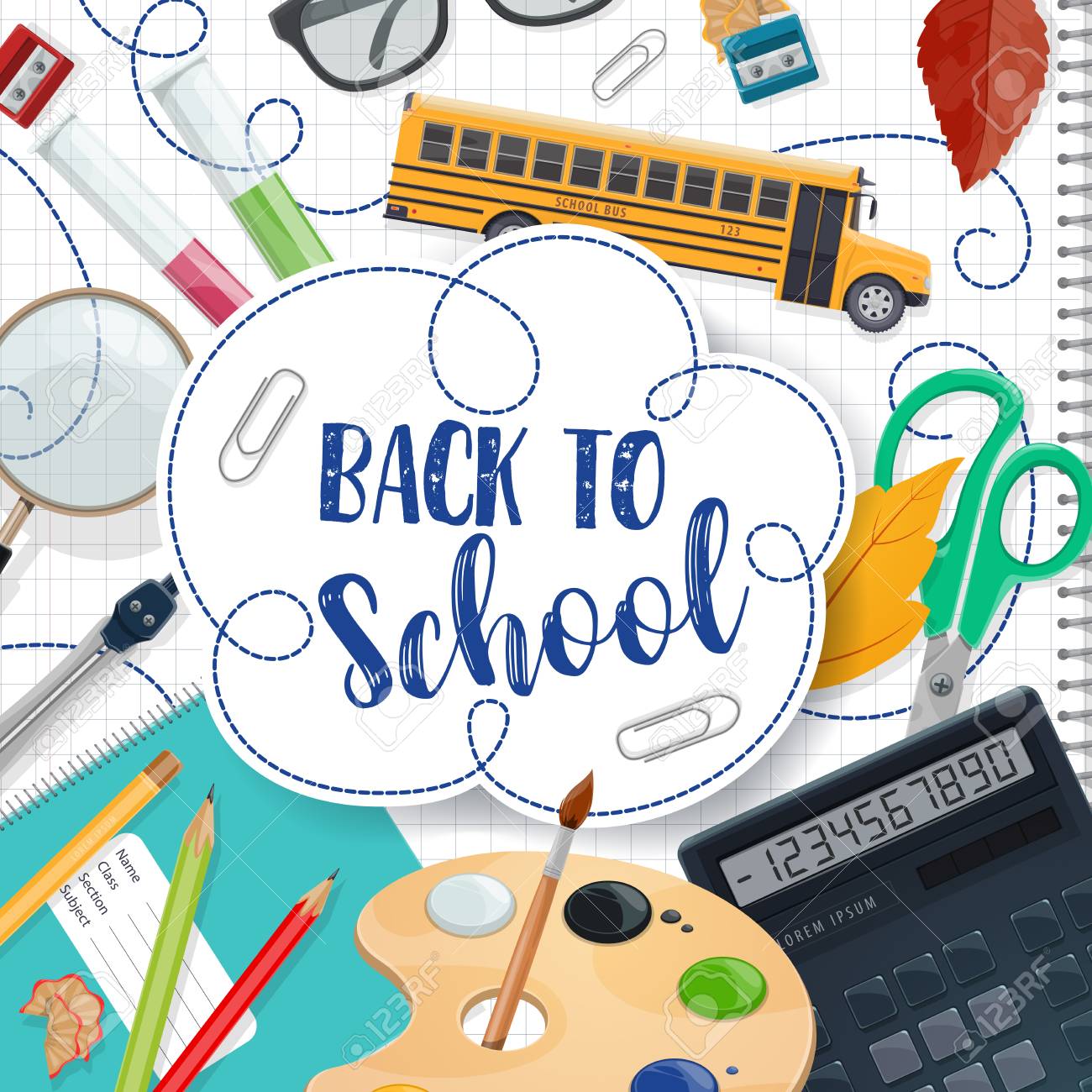 Back to School poster with ink pen lettering for September education season. Vector school bus and lessons study stationery, math ruler or calculator or teacher glasses and paints with brush - 107368878 Back to School poster with ink pen lettering for September education season. Vector school bus and lessons study stationery, math ruler or calculator or teacher glasses and paints with brush - 107368878