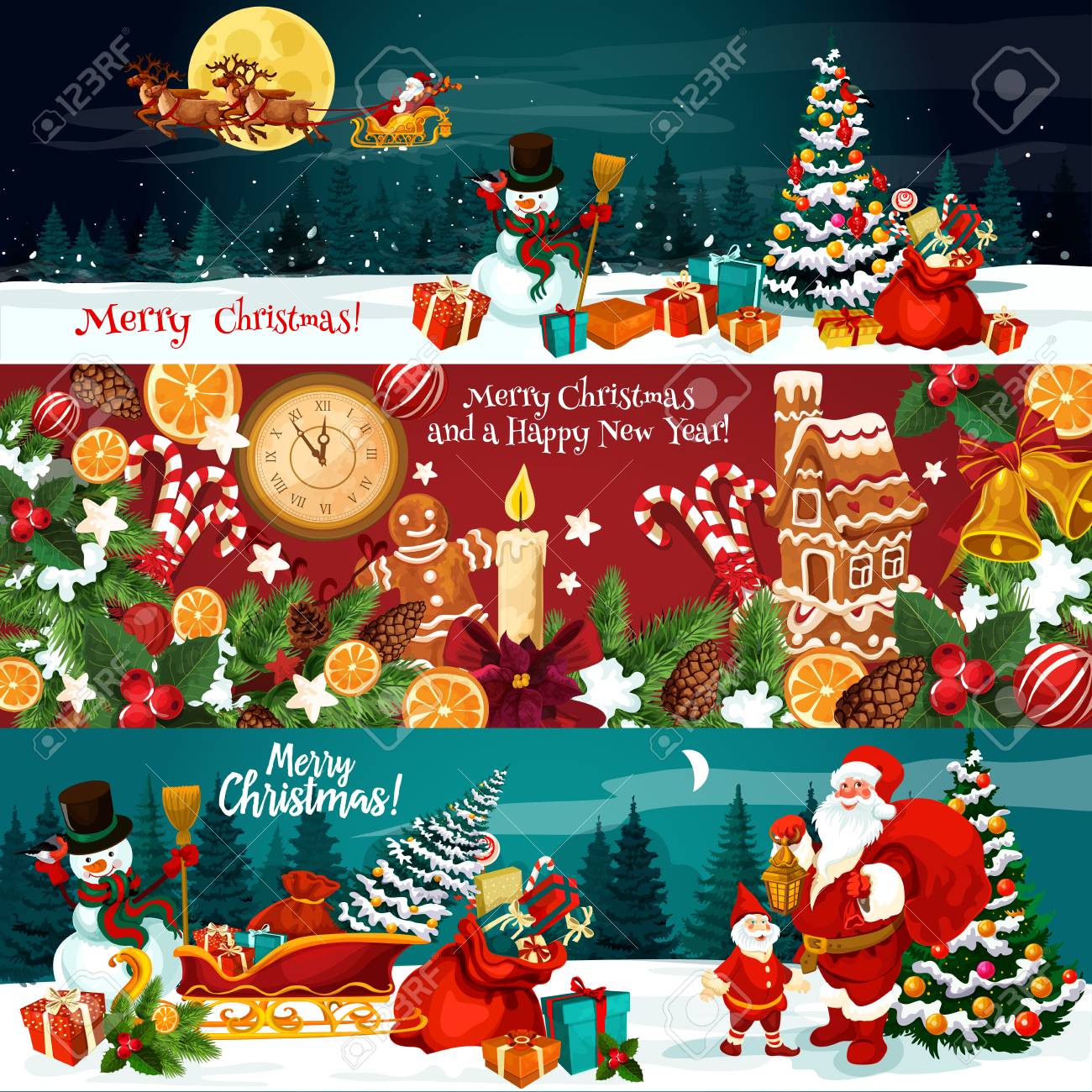 Christmas holiday banner of Xmas gift and New Year festive ornaments. Snowman, Santa and Xmas tree with bell, ribbon bow, holly berry and snowflake, candy, cookie and clock for greeting card design - 110331019 Christmas holiday banner of Xmas gift and New Year festive ornaments. Snowman, Santa and Xmas tree with bell, ribbon bow, holly berry and snowflake, candy, cookie and clock for greeting card design - 110331019